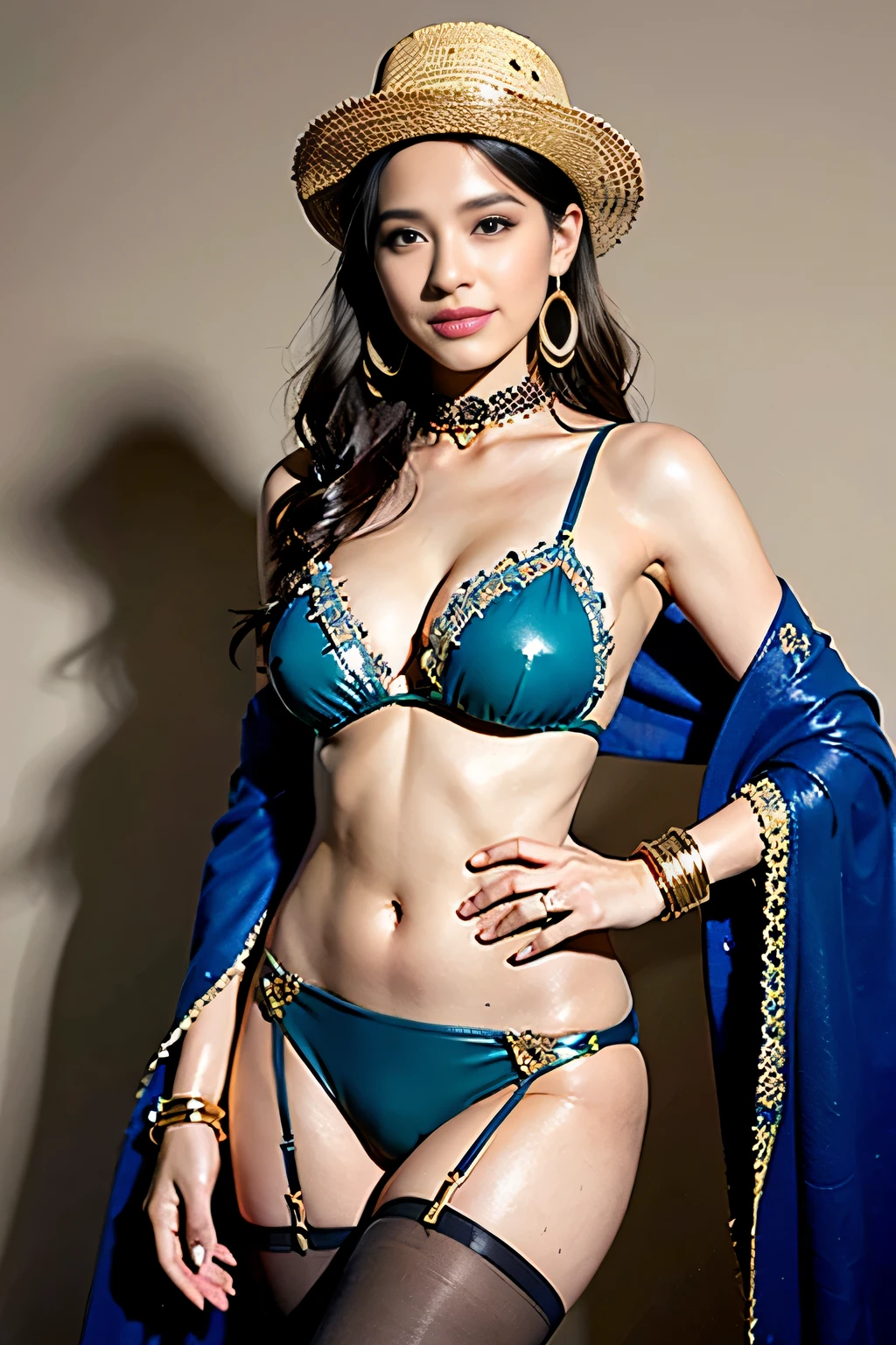 (highest quality, masterpiece, ultra high resolution, (realistic:1.4), Raw photo), (woman,smile(gray hair)),((Please show me your armpits))(micro bikini,choker,luxurious cloak,garter belt,long gloves,Gold tone),(background,garden,Rose)(Colorful bohemian poncho with intricate ethnic embroidery:1.4) paired with (Simple Black Leggings:1.2) and (leather ankle boots:1.1). Comes with accessories (beaded tassel earrings:1.3), (stack of mixed metal bangles:1.2), and (wide-brimmed felt hat:1.0).