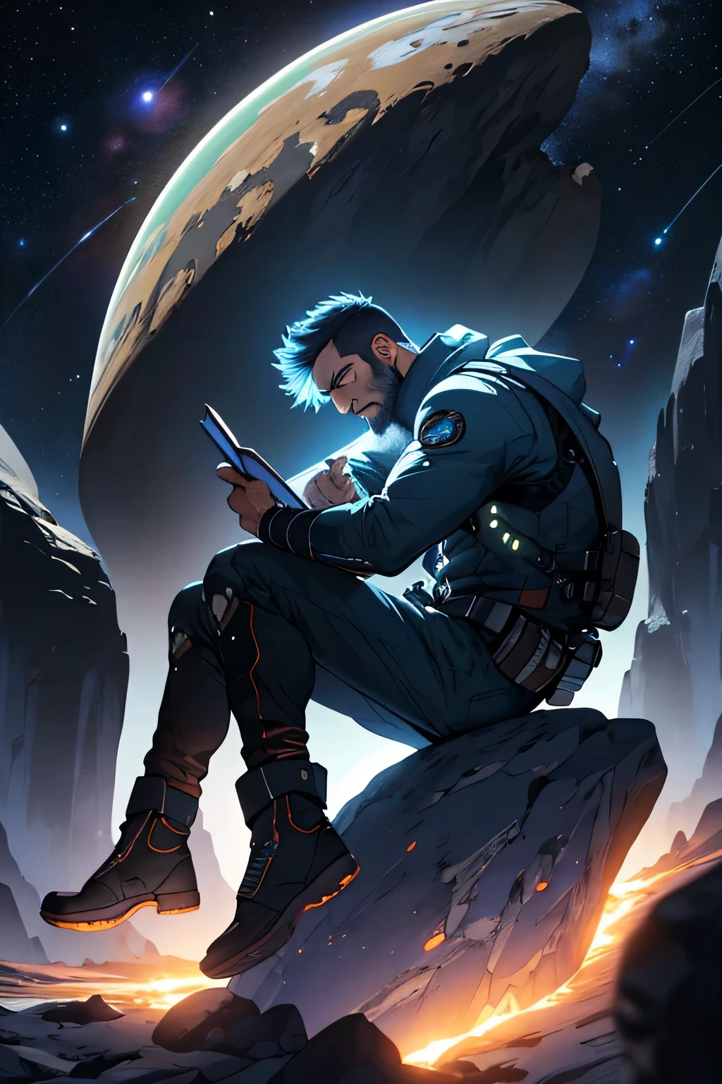 Draw a young programmer, sitting on a research platform floating in the middle of an asteroid belt. He is studying with a notebook, surrounded by several asteroids glowing with fiery auras. Dramatic lighting from distant stars and planets illuminates the scene, casting deep shadows on the suit. The young man looks confident and determined, looking at the vast and mysterious universe with wonder and respect,facial hair, cowboy shot,