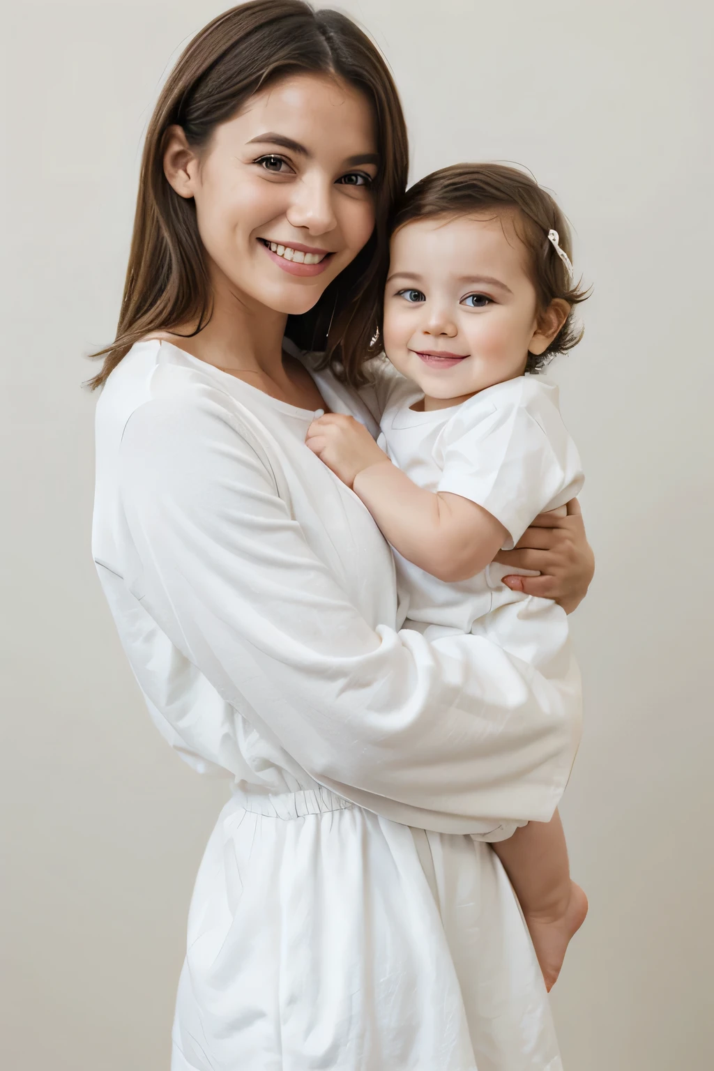 Smiling mother holding a cute wearing white clothes whole body Life