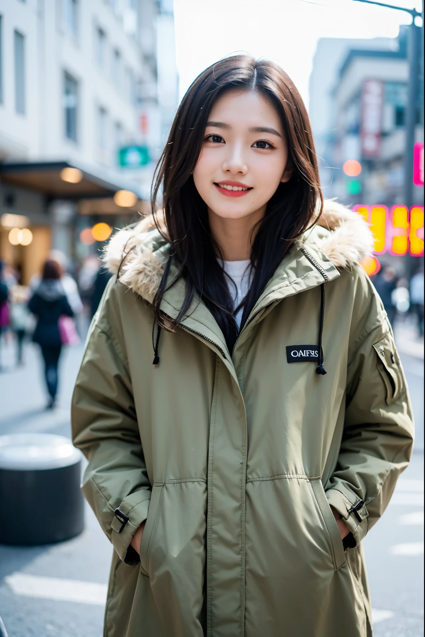 (masterpiece, highest quality, beautiful girl, cute face:1.2), (Eyebrows and smiles when you are in trouble,  He tilts his upper body upward and looks up at the viewer.:1.2), 8K, Wear warm clothes to go out on the town in the cold season, view audience, thin, teen, face light, film grain, chromatic aberration, sharp focus, dynamic lighting, cinematic lighting, Khaki mod coat, The hood of the coat has fur, background is blurry, upper body photo