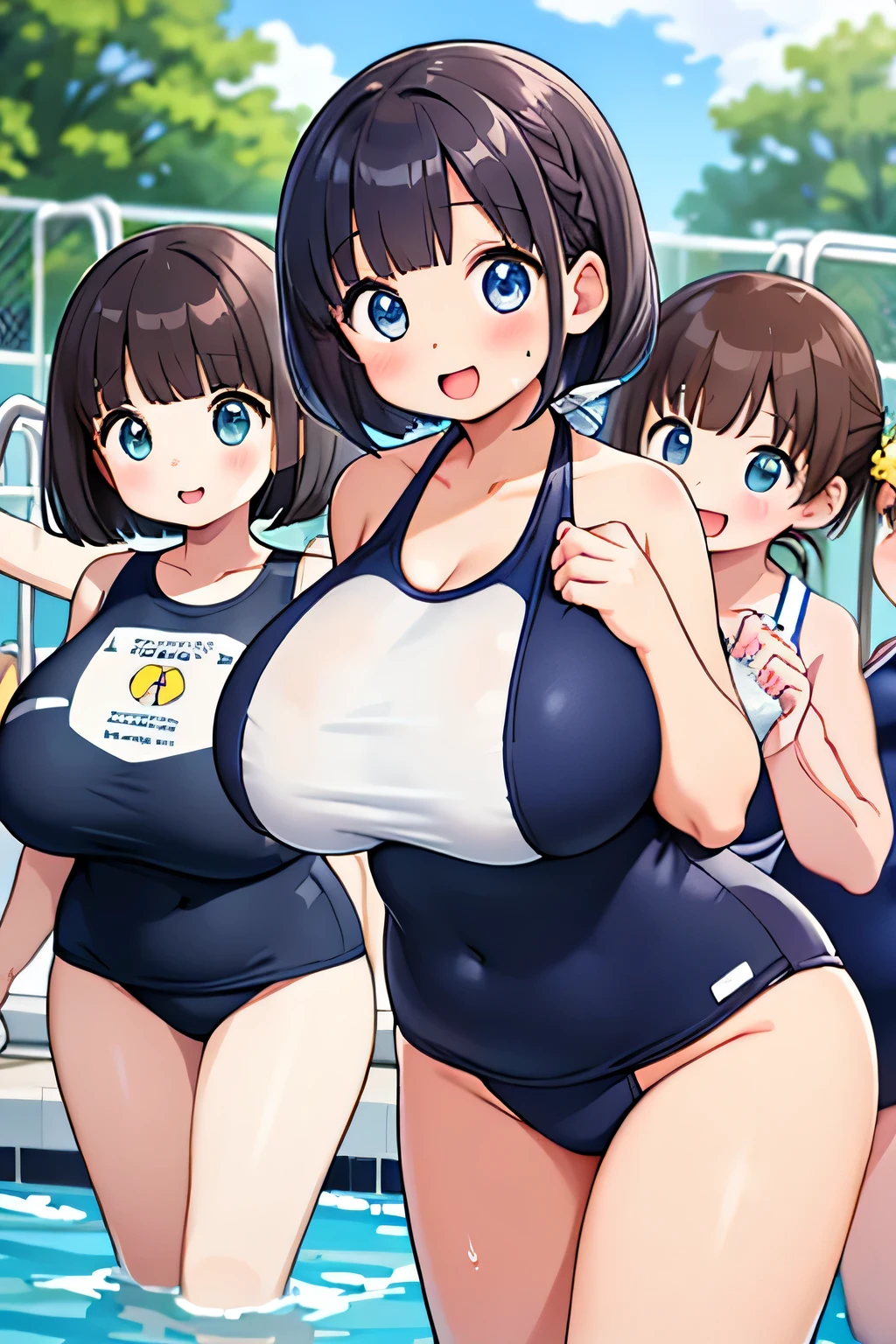 highest quality、High resolution、detailed background、masterpiece、cute10代の美少女、three women、navy blue school swimsuit、brown hair、bob cut、braided ponytail、それぞれcute編み込みヘアスタイル、(huge breasts:1.3)、realistic images、perfect body line、thick thighs、detailed face、
(Three beautiful girls wearing school swimsuits are having fun at the school pool.:1.5)、
playfully splashing water on each other、happy look、smile、open your mouth and smile、smile、Swimsuits that glow when wet、the whole body is wet、Hair is also wet、cute