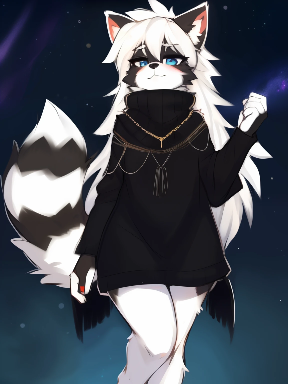 ((masterpiece, best quality)) by zackary911,zackary911, fluff-kevlar, by fluff-kevlar. raccoon anthro, female white fur. white hair. one character, blue eyes, furry female, female, fluffy fur, big fluffy tail, fluffy fur neck, long hair, black poncho, fluffy fur, full body. full height, serious face, night background