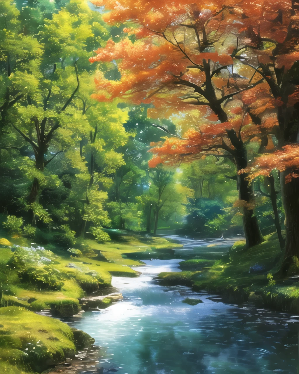 (High resolution:1.1), highest quality, (masterpiece:1.2), Bright colors, digital painting, dense forest, water, beauty of nature, An oasis of peace, Cherry tree, blue sky