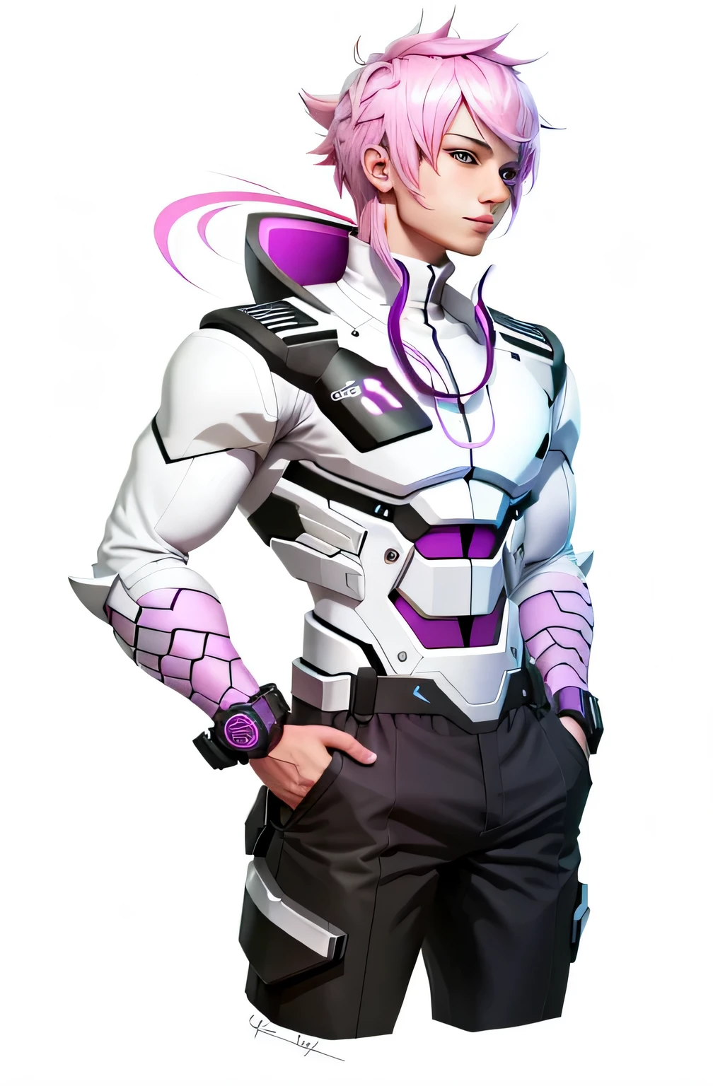 a drawing of a man with a pink and white hair and a purple top, full body!, full body!!, full body concept, full body picture, !!full body portrait!!, full body;, full body!!!, full body portrait of a short!, anime character; full body art, fullbody shot, full body close-up shot, cool shading, full character body, body muscle, smile, wide, forest background