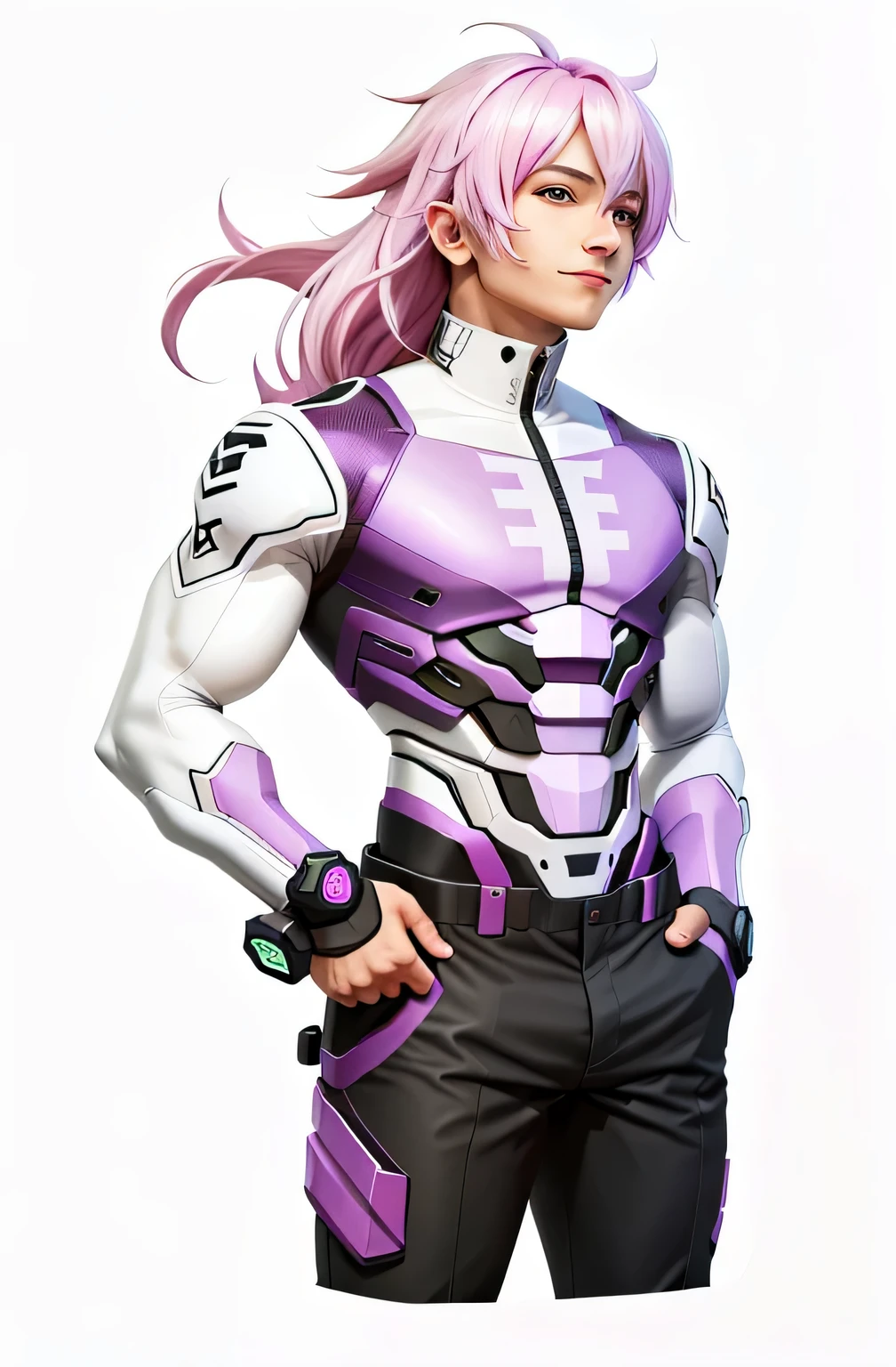 a drawing of a man with a pink and white hair and a purple top, full body!, full body!!, full body concept, full body picture, !!full body portrait!!, full body;, full body!!!, full body portrait of a short!, anime character; full body art, fullbody shot, full body close-up shot, cool shading, full character body, body muscle, smile, wide, forest background