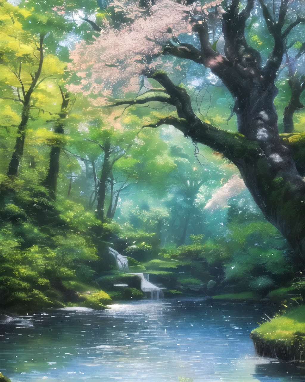 (High resolution:1.1), highest quality, (masterpiece:1.2), Bright colors, digital painting, dense forest, water, beauty of nature, An oasis of peace, Cherry tree, blue sky