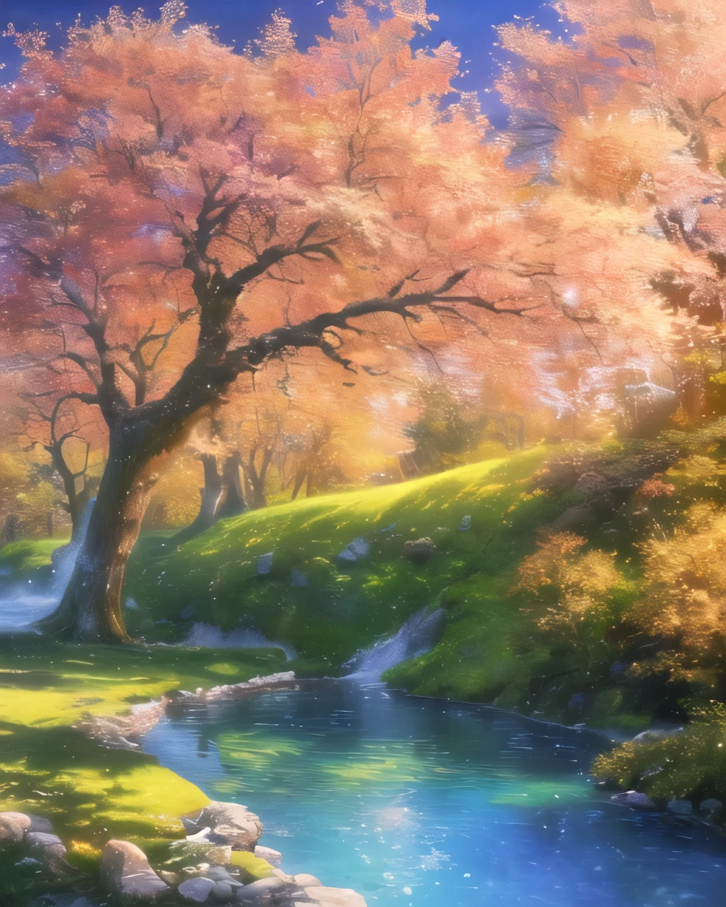 (High resolution:1.1), highest quality, (masterpiece:1.2), Bright colors, digital painting, dense forest, water, beauty of nature, An oasis of peace, Cherry tree, blue sky