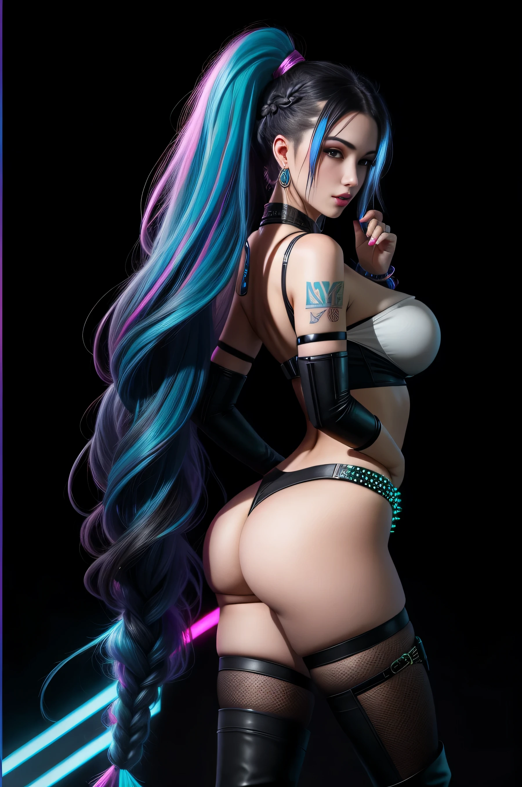 there is Jinx League of Legends standing, long blue platted hair, nice ass, thigh high boots, 3 d neon art of a woman's body, neon-noir background, cyberpunk femme fatale, seductive cyberpunk dark fantasy, cyberpunk strip clubs, cyberpunk 20 y. o model girl, oppai cyberpunk, banner, high definition cgsociety, cgsociety masterpiece, trending on cgstation, kda, random hair, looking at camera, gigantic breasts, cleavage, (high detailed skin:1.2), 8k uhd, dslr, super lighting, high quality, film grain, high res, highly detailed, hyper realistic, beautiful face, beautiful body, beautiful eyes nose lips, alluring expression, very bold, upper visible, full body photo, standing legs apart, pale translucent glowing skin, most beautiful face, cute, (well defined pubic hair:1.2)), (dark plain black background:1.4))