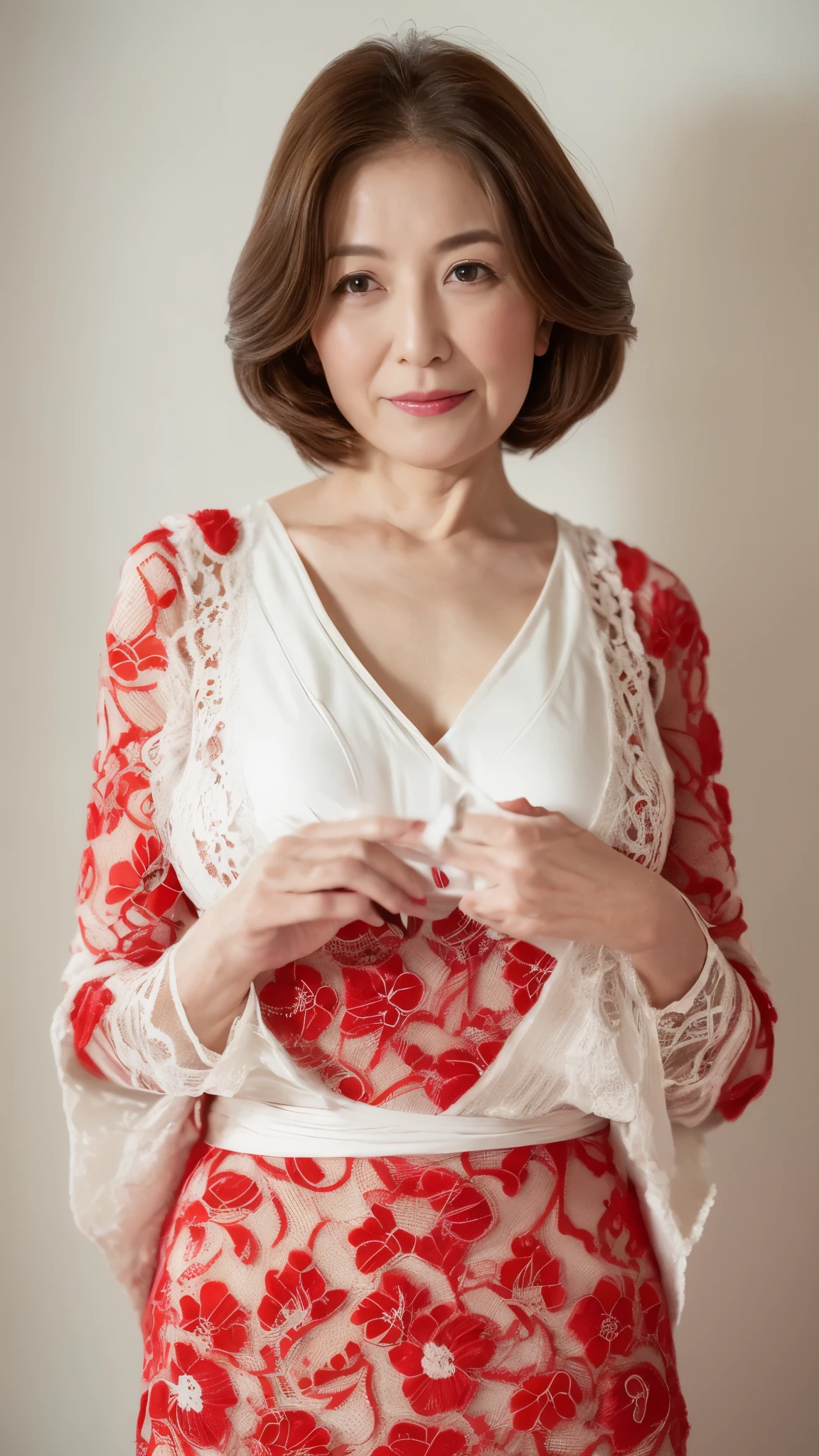 Chinoiserie, Mid-range close-up, Late Elderly, ((Fractal Art)), (((masterpiece))), 8K, Clear images, (((alone))), (((Asian Beauty))), Pure white background, Natural Hair Color, Put your hands behind your back, A refreshing early summer look, Fascinating, ((Elderly)), Depict lips accurately,Red lips, Flashy makeup, (((alone))), (((Perfect Anatomy))), Draw ears correctly, Stand in front of a window, gravure, upright posture, smile, ((Beautiful mature woman)), Highest quality, Very detailed, Realistic, Very detailed細なスキン, (Madame), (The corners of the mouth are turned up), 100 years old, Huge breasts, Mature politician, Glamour, sexy, Pure white skin, Comfortable clothing,