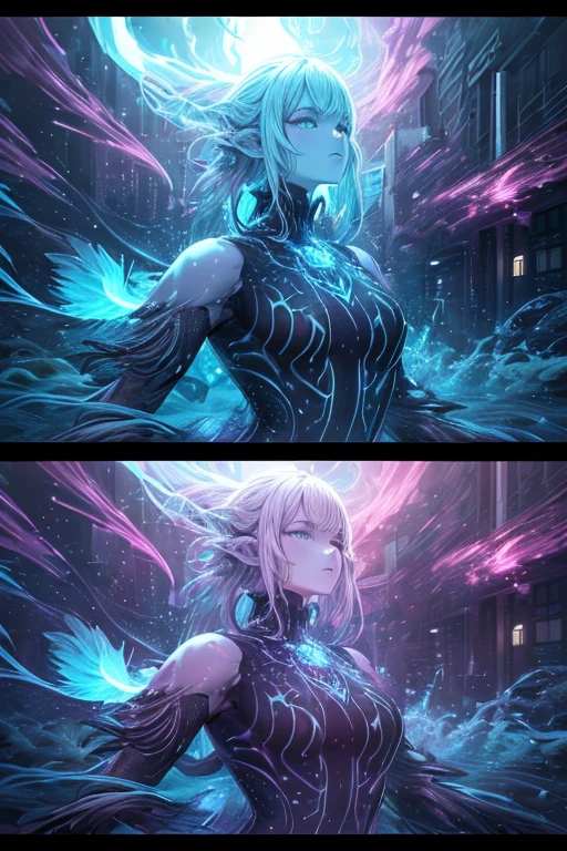 ((**Borderlands 4**))), primer plano en un entorno urbano (((con colores difusos,))) ultra detailed illustration of an aquatic spirit creature(((feminine with 3D projection effects))) complexes of translucent fabric and shiny, hollow cybernetic threads. ((( The pose is dynamic, espectral, with particles of light,))) and the composition is professional and award-winning. (Ofrece libertad creativa, artistic expression and a surreal theme). Diffuse figures and disturbing visual expression (((create an evocative unusual color contrast.))) La obra es de Lekrot (cuello largo), with an elongated neck and a static pose. Certainty and conventionality are challenged in this extreme composition. ( mysticism) antigua diosa; ropas de ceda, traslucidas, ((( estilos urbanos ))) futurista.sexy pose,