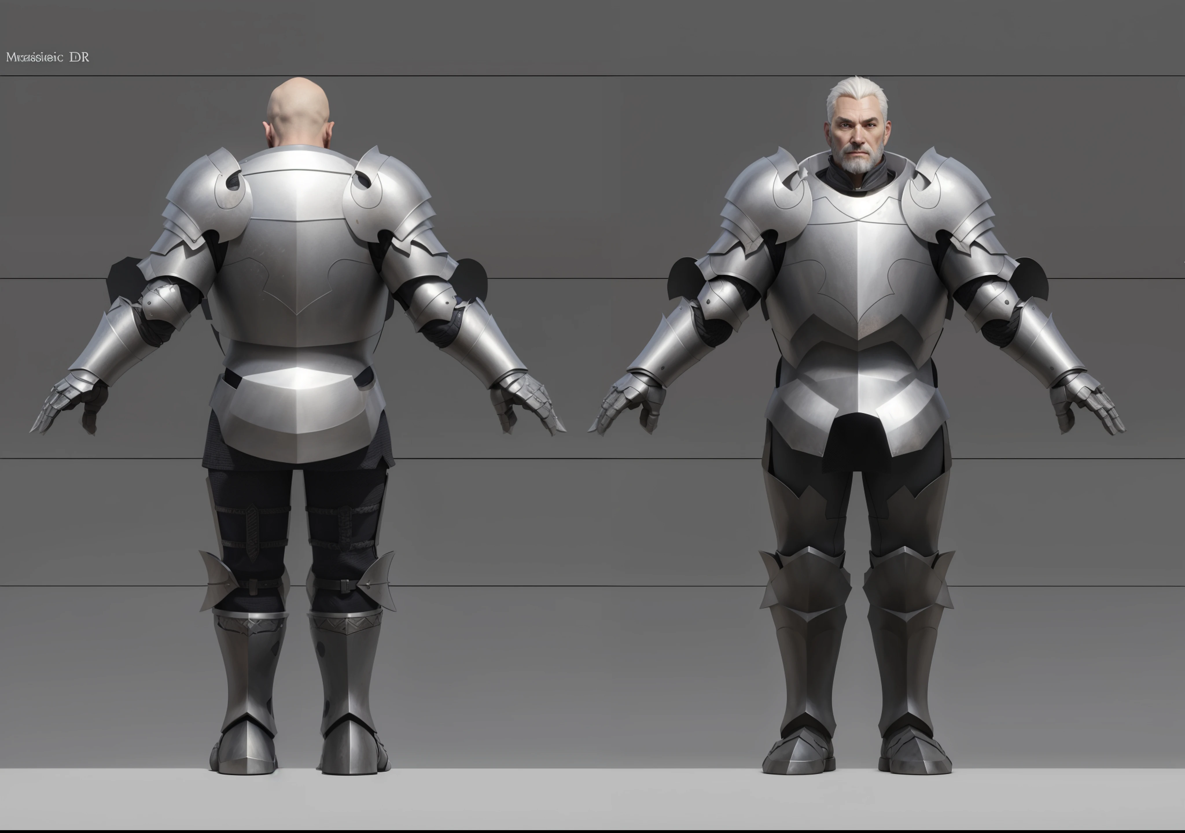 ( Realistic:1.33),(masterpiece:1.1),(highest quality:1.1),(HDR:1) a close up of a paladin with moonlit armor , full body concept, detailed full body concept, medieval paladin style character, full body character concept, new costume concept design, full body details, detailed full body concept art, full character body, character model sheet turnaround, fullbody shot turnaround, concept character sheet, full body concept art, reference model sheet , full body concept art, RPG style character, game character design, concept character, full body character concept art, 3d character reference sheet, male, video game character concept, detailed character design, character sheet, character model sheet turnaround , front and back, front and back, warrior armor, chainmail inside , medieval sleeve, (steel boot armor), moonlit shoulder armor, grey clean background, 3D character, ((detailed knee armor)), heavy armor, detail gauntlet finger