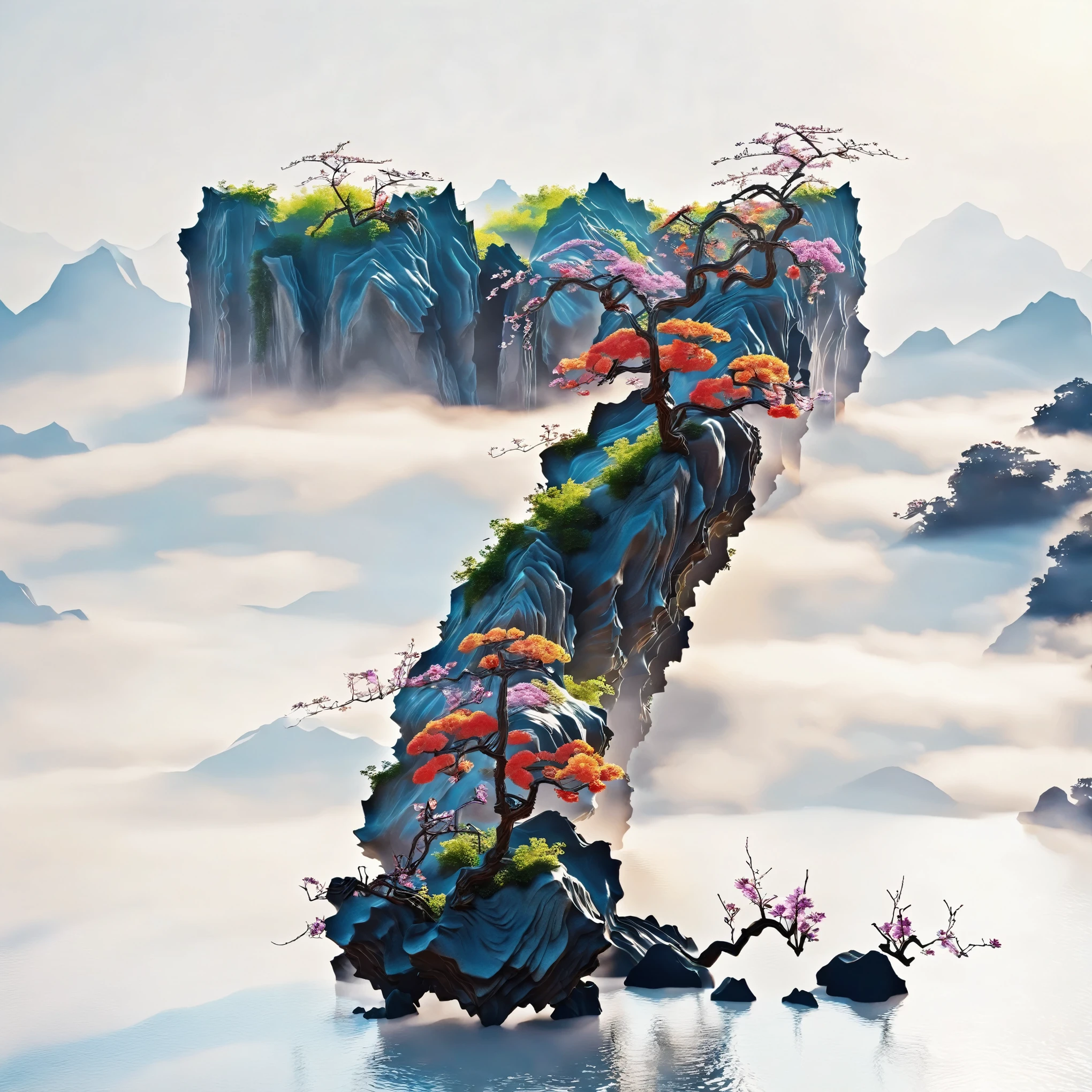 (White background), (Digital art,ink:1.2)， (Oriental elements, Chinese color, Advanced color matching),  (3D sculpture，Render by Octane，Volumetric light，natural soft light), (Super exquisite:1.2, Loss of focus:1.2, Very colorful, movie lighting, chiaroscuro,Ray tracing), Mountain, river, tree,flower