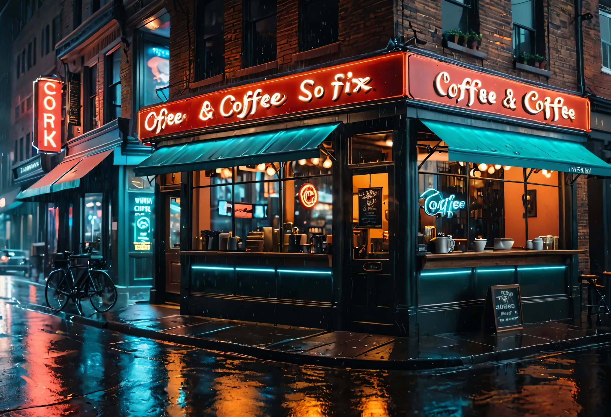 (Cinematic photo of a Fancy Coffee Shop in busy city street), ((Neon sign at coffee shop window):1.3), ((coffee neon sign):1.2), (cinematic lens), ((tyndall effect):1.1), ((heavy rain):1.2), ((water droplets):1.1), ((full beam headlight):1.3), (Street light), (fog), (Coffee van), (Night at City Street), (sense of cold), (shimmer), (visual experience), (Realism), (Realistic), award-winning graphics, dark shot, film grain, extremely detailed, Digital Art, rtx, Unreal Engine, scene concept anti glare effect, All captured with sharp focus. | ((Masterpiece in maximum 16K resolution):1.6),((soft_color_photograpy:)1.5), ((Ultra-Detailed):1.4),((Movie-like still images and dynamic angles):1.3), ((motion blur):1.1),((Ultra wide angle):1.5),((fisheye lens photo):1.1). | Rendered in ultra-high definition with UHD and retina quality, this masterpiece ensures anatomical correctness and textured skin with super detail. With a focus on high quality and accuracy, this award-winning portrayal captures every nuance in stunning 16k resolution, immersing viewers in its lifelike depiction. Avoid extreme angles or exaggerated expressions to maintain realism. | ((perfect_composition, perfect_design, perfect_layout, perfect_detail, ultra_detailed)), ((enhance_all, fix_everything)), More Detail, Enhance.
