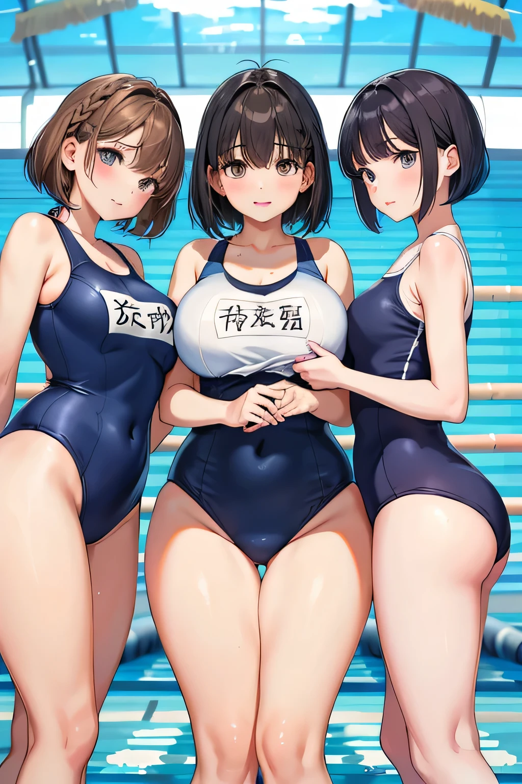 highest quality、High resolution、detailed background、masterpiece、cute10代の美少女、three women、navy blue school swimsuit、brown hair、bob cut、braided ponytail、それぞれcute編み込みヘアスタイル、(huge breasts:1.2)、realistic images、perfect body line、thick thighs、
(Super close-up shot of three beautiful girls wearing school swimsuits at the school pool from below:1.5))、Close-up of swimsuit from below、look at me with cold eyes、Swimsuits that glow when wet、the whole body is wet、Hair is also wet、cute