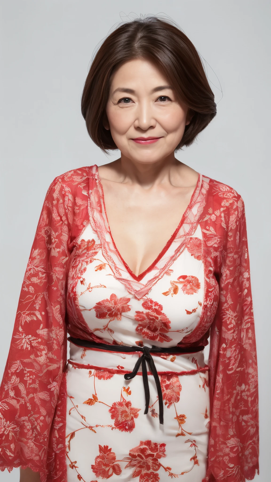 (((alone))), elderly mature woman, pure white background, gravure, facing the front, ((center your face on the screen)), describe the lips correctly,red lips, flashy makeup, from the chest up, table top, highest quality, Super detailed, realistic, Super detailed細なスキン, perfect anatomy, (1 Japanese mature woman), (positive), 100 years old, huge breasts, mature political scientist, Glamour, Sexy, pure white skin, looking at the viewer,
