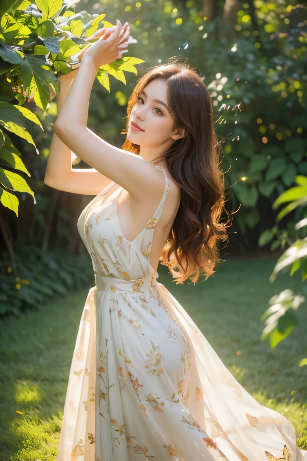 longeyelashes, messy hair, wavy hair, floating hair, hair spread out, hollow eyes, light blush, long hair, petals blowing in the wind, a lot of plants, flower garden, realistic, half body shot, hair blowing in the wind, big hair, expressive hair, single sidelock, White skin, Asian Woman, dark brown hair, wide flower field, hair is shiny, skirt blowing in the wind, looking straight ahead, grassland, clear sky, sparkly dress, hair behind back, White translucent shiny fairy wings, Off-shoulder sparkly white dress, anaglyph, stereogram, atmospheric perspective, first-person view, three sided view, Wide-Angle, f/16, wide shot, backlight, 8k, super detail, ccurate, best quality, UHD, anatomically correct, high details, high quality, highres