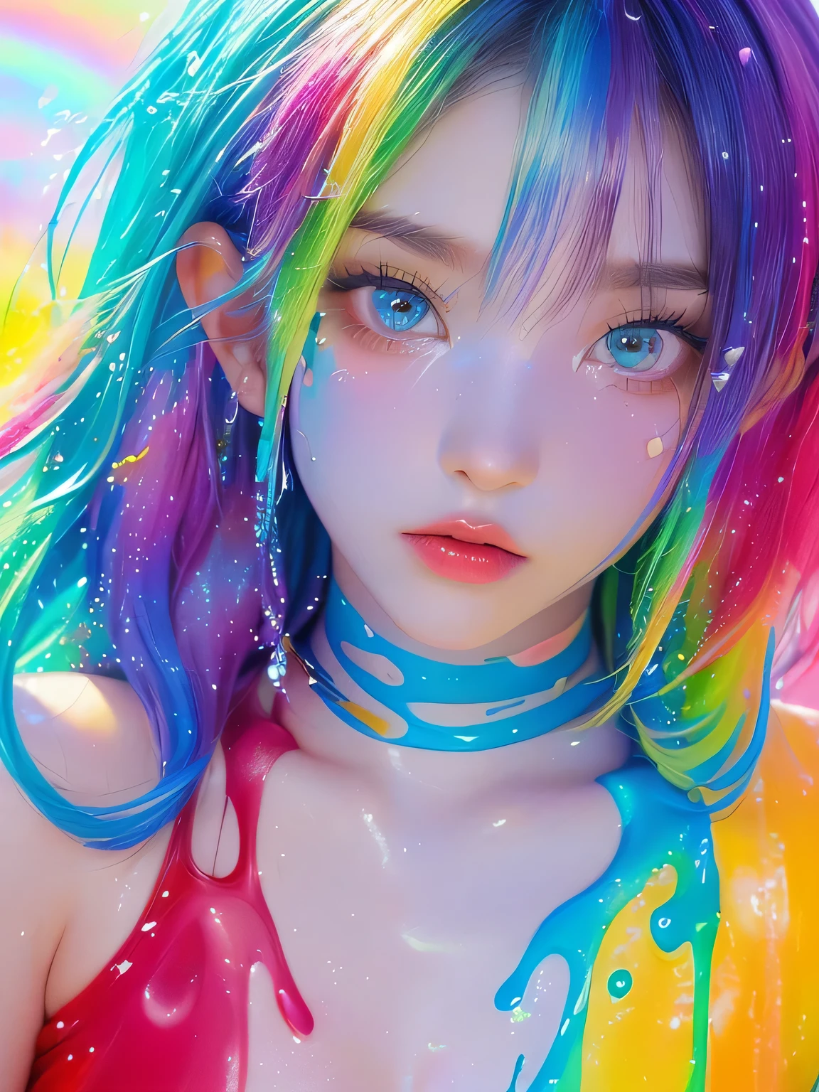 (Pink Fashion T-shirt:1.9),(Colorful hair: 1.8), (all the colours of the rainbow: 1.8),(((((vertical painting:1.6))), (painting:1.6),front, comics, illustrations, paintings, large eyes, crystal clear eyes,( rainbow color gradient high ponytail:1.7), exquisite makeup, closed mouth,(Small Fresh: 1.5),(Wipe Chest: 1.6) ,long eyelashes, white off shoulder T-shirt, White Shoulder Shirt,looking at the audience, large watery eyes, (rainbow colored hair:1.6), color splash, (solo:1.8), color splash, color explosion, thick paint style, messy lines, ((shining)),(colorful), (colorful), (colorful), colorful, Thick Paint Style, (Splash) (Color Splash), Vertical Painting, Upper Body, Paint Splash, Acrylic Pigment, Gradient, Paint, Highest Image Quality, Highest Quality, Masterpiece, Solo, Depth of Field, Face Paint, colorful clothes, (Elegant: 1.2), gorgeous,long hair, wind, (Elegant: 1.3), (Petals: 1.4),(((masterpiece))),(((best quality))),((ultra-detailed)),(illustration),(dynamic angle),((floating)),(paint),((disheveled hair)),(solo),(1girl) , (((detailed anima face))),((beautiful detailed face)),collar,bare shoulders,white hair, ((colorful hair)),((streaked hair)),beautiful detailed eyes,(Gradient color eyes),(((colorful eyes))),(((colorful background))),(((high saturation))),(((surrounded by colorful splashes))),