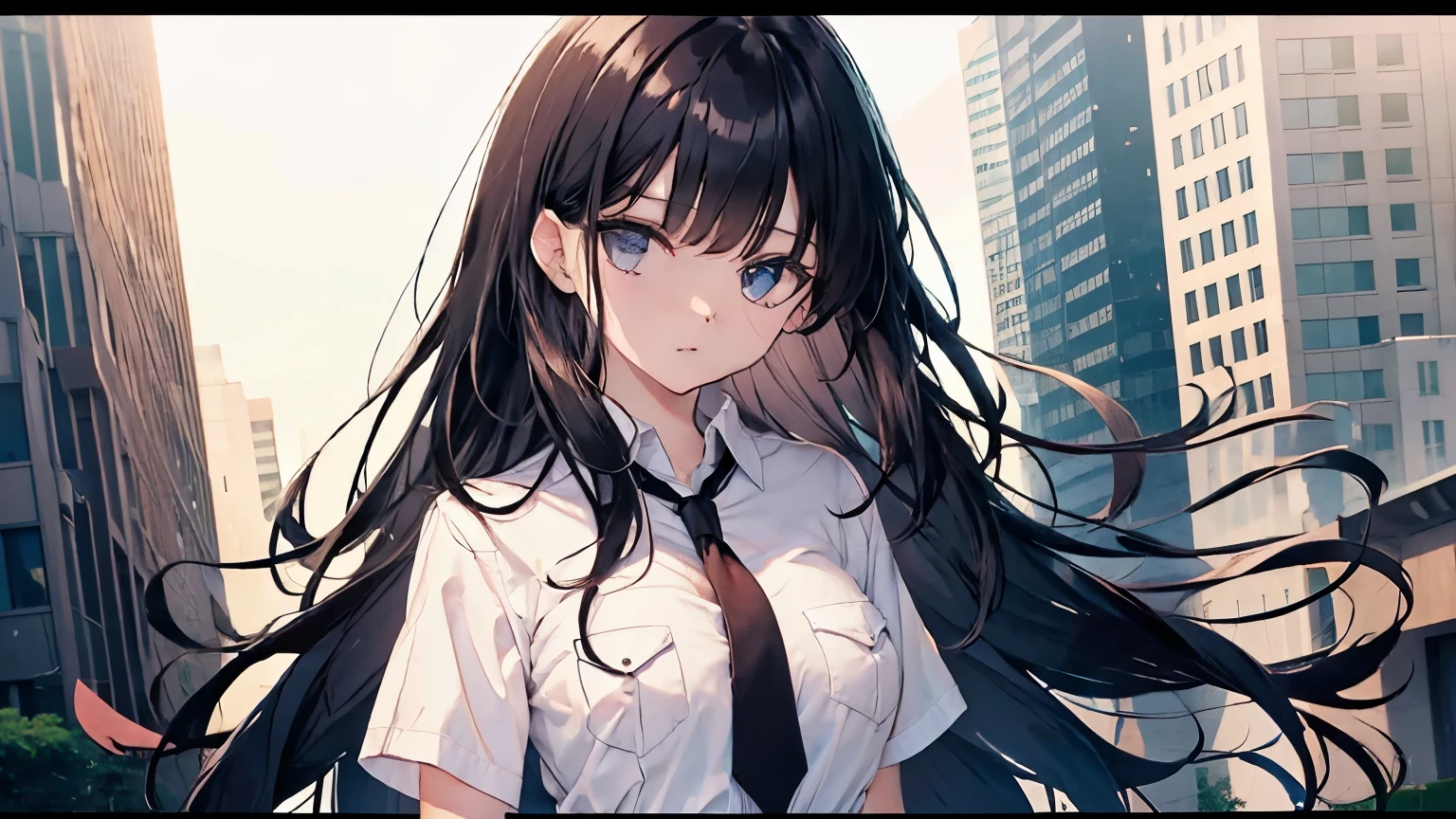 letterboxed, 1girl, necktie, solo, long hair, shirt, black hair, bangs, looking at viewer, white shirt, black necktie, collared shirt, blunt bangs, skirt, breasts, breast pocket, short sleeves, medium breasts, pocket, dress shirt