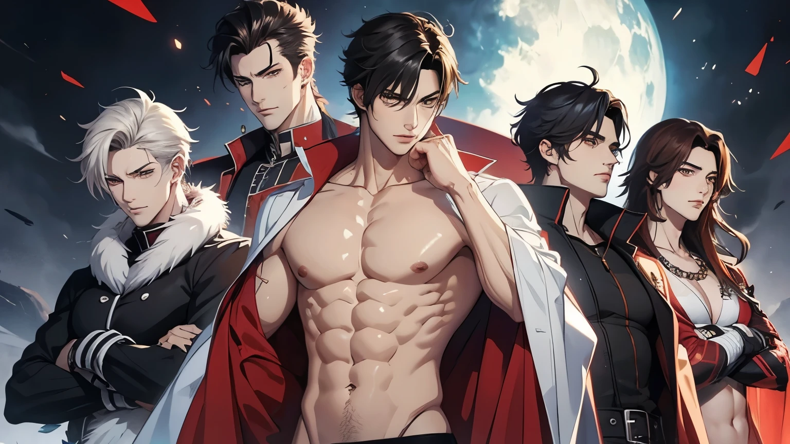 handsome man, sixpack, 5 men, anime manhwa 