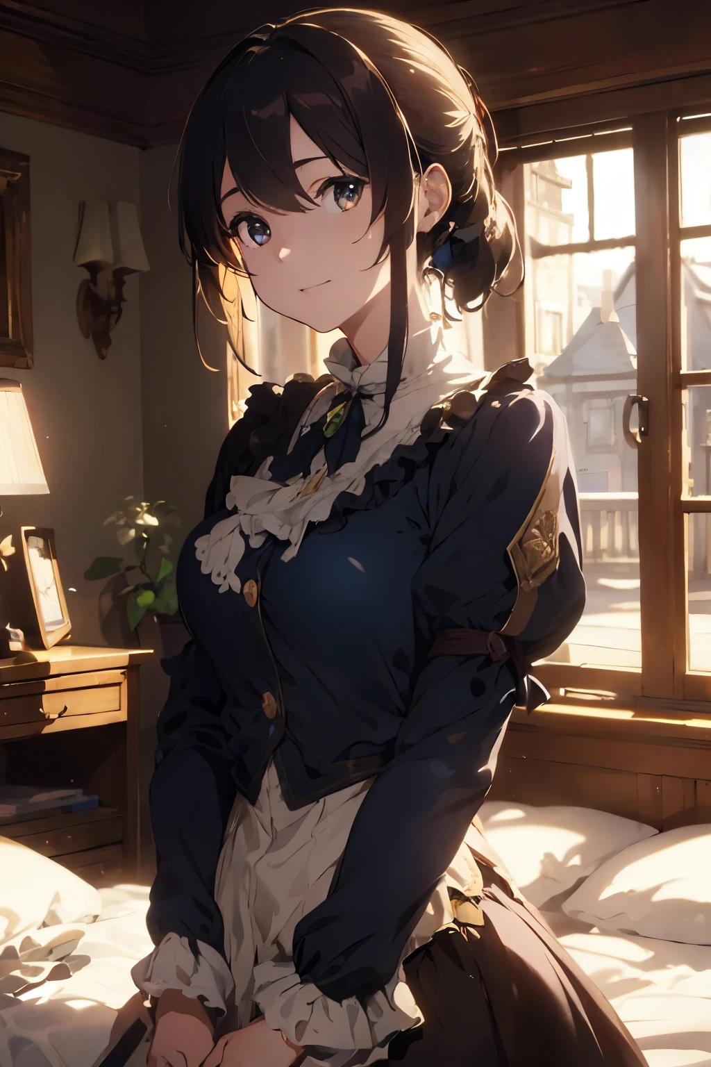 Masterpiece, best quality, (very detailed CG unified 8k wallpaper), (best quality), (best illustration), (best shadow), (Stable Diffusion Model), violet evergarden, shimmering, beautiful, victorian style bedroom, dynamic lighting, depth of field