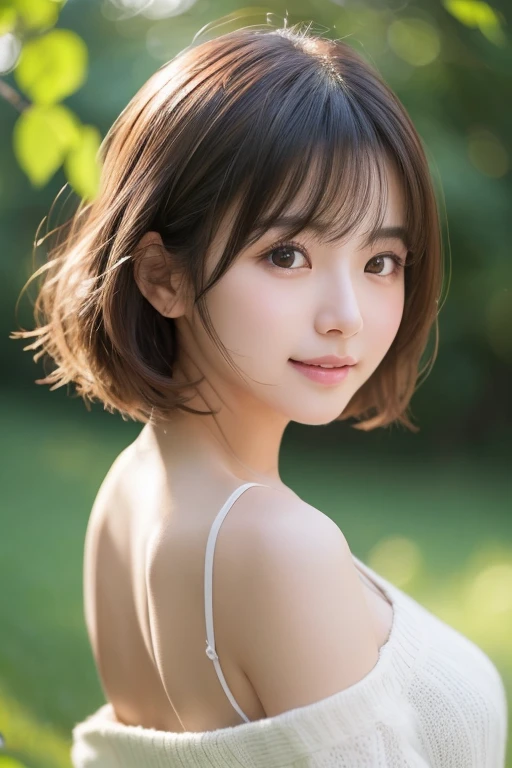 1 girl、Upper body、Close-up、laughter、、(8K、RAW photo、highest quality、masterpiece:1.2)、(realistic、photo realistic:1.37)、Delicate and detailed face、Japanese student、wearing a long white sweater、(((best image quality))),small、fine skin, (beautiful hair), (perfection Anatomy), (realistic), (dynamic angle), seductive pose,perfection,sensual look、highest quality、High resolution、Fluffy shorthair、The background is a forest、