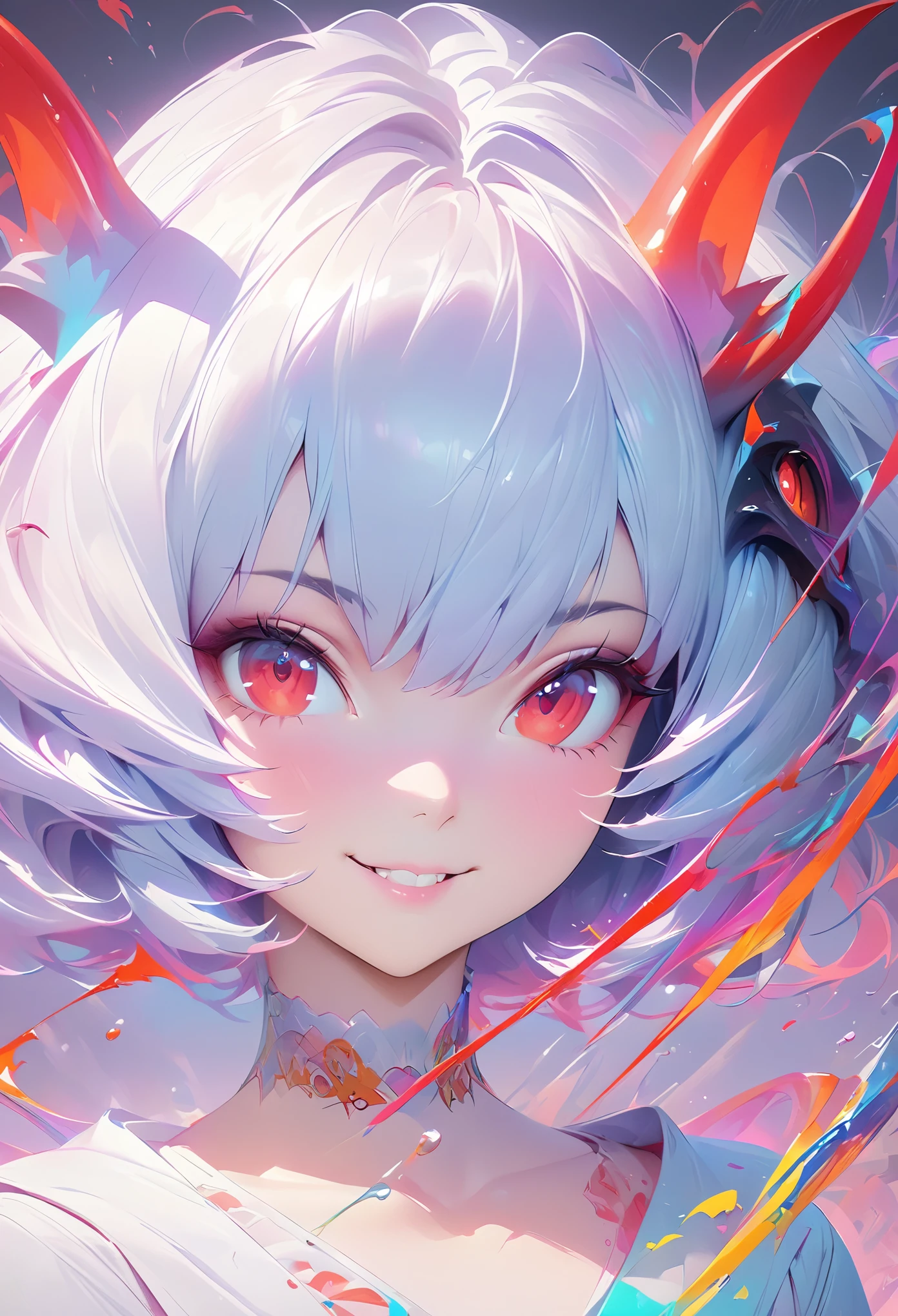 Masterpiece Portrait of Smiling Rei Ayanami (fox demon),  Caustics, High resolution illustration, Red eyes, feminine, no students, blue hair,  short hair, Japanese school, loafers, spook, Synthwave, , Shadow flat illustration, The art of math, Popular topics on ArtStation, Very detailed, fine details, complex, splash, transcend, Auto parts, neon color