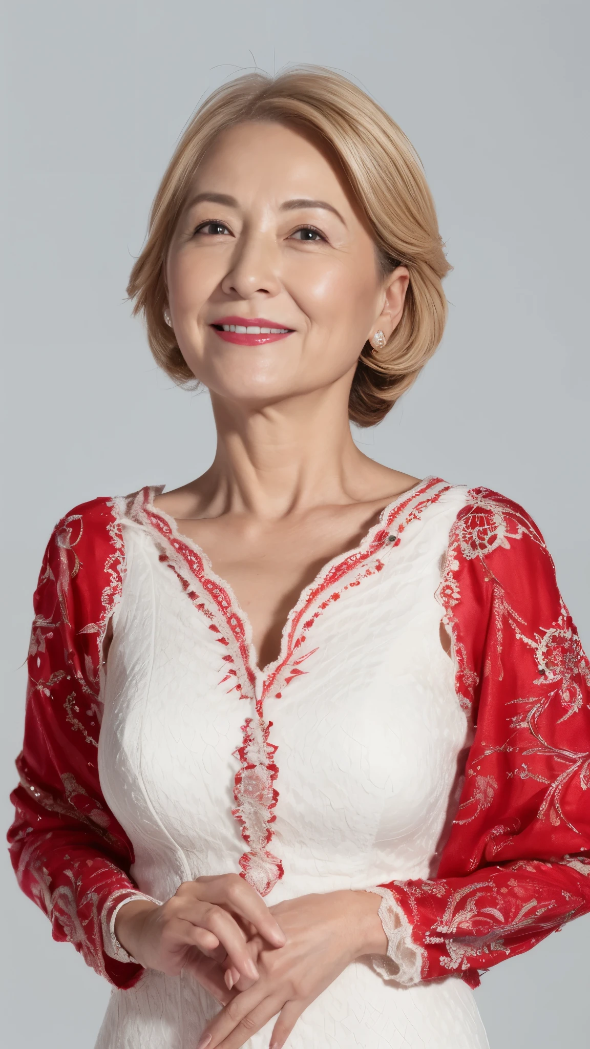 (((alone))), elderly mature woman, pure white background, gravure, facing the front, ((center your face on the screen)), describe the lips correctly,red lips, flashy makeup, from the chest up, table top, highest quality, Super detailed, realistic, Super detailed細なスキン, perfect anatomy, (1 Japanese mature woman), (positive), 100 years old, huge breasts, mature political scientist, Glamour, Sexy, pure white skin, looking at the viewer,