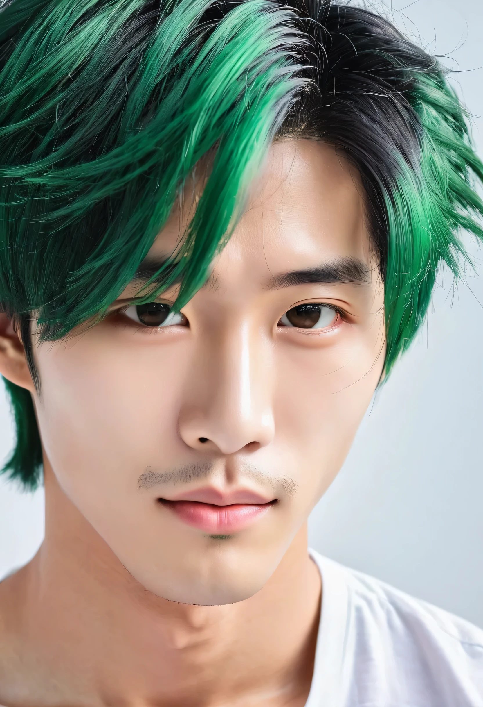 (best quality, masterpiece), 1 boy, (Simple white background: 1.2), black and green hair, Chinese handsome guy, Upper body, ID photo, close up, long hair,