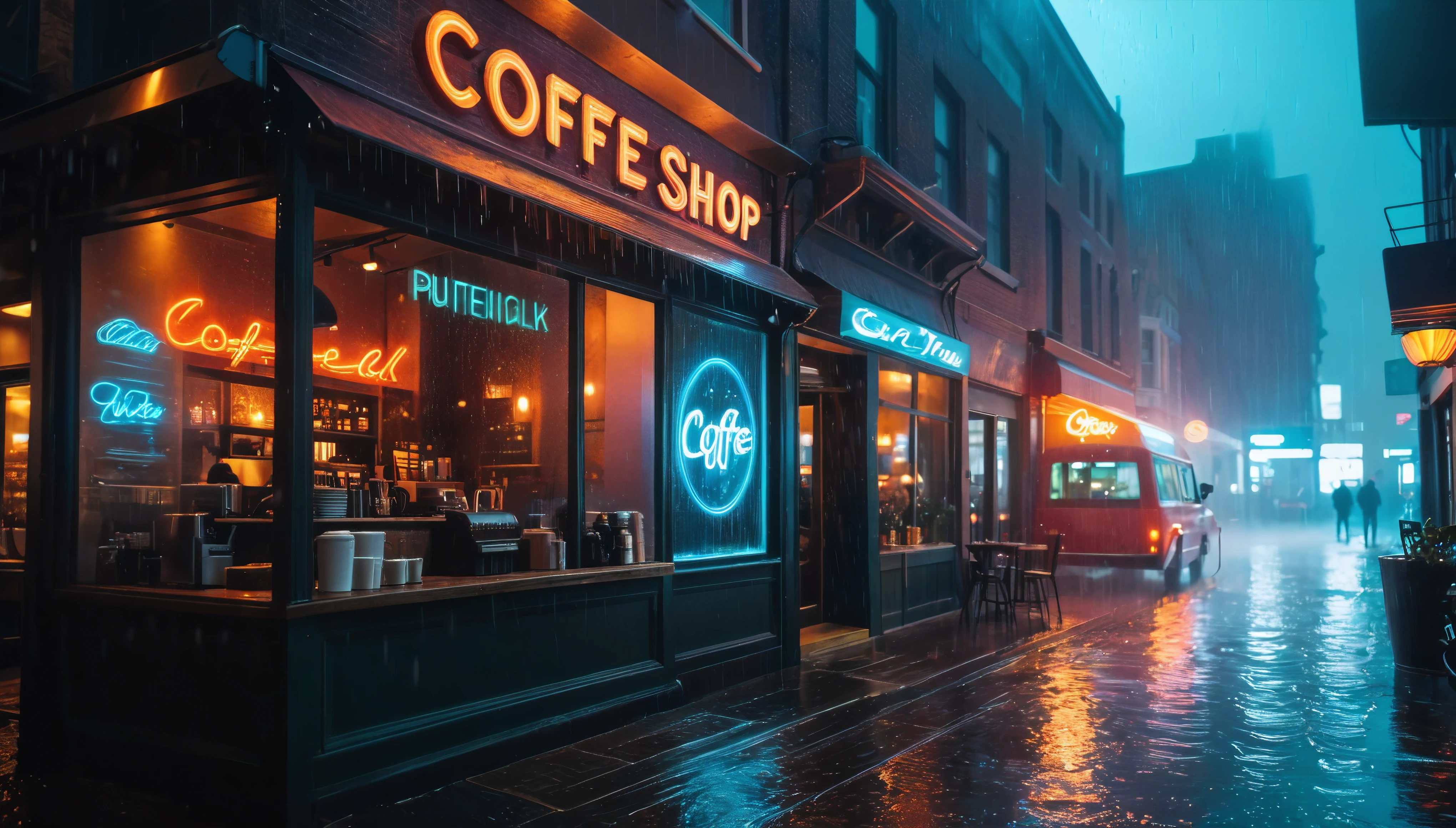 (Cinematic photo of a Fancy Coffee Shop in busy city street), ((Neon sign at coffee shop window):1.3), ((coffee neon sign):1.2), (cinematic lens), ((tyndall effect):1.1), ((heavy rain):1.2), ((water droplets):1.1), ((full beam headlight):1.3), (Street light), (fog), (Coffee van), (Night at City Street), (sense of cold), (shimmer), (visual experience), (Realism), (Realistic), award-winning graphics, dark shot, film grain, extremely detailed, Digital Art, rtx, Unreal Engine, scene concept anti glare effect, All captured with sharp focus. | ((Masterpiece in maximum 16K resolution):1.6),((soft_color_photograpy:)1.5), ((Ultra-Detailed):1.4),((Movie-like still images and dynamic angles):1.3), ((motion blur):1.1),((Ultra wide angle):1.5),((fisheye lens photo):1.1). | Rendered in ultra-high definition with UHD and retina quality, this masterpiece ensures anatomical correctness and textured skin with super detail. With a focus on high quality and accuracy, this award-winning portrayal captures every nuance in stunning 16k resolution, immersing viewers in its lifelike depiction. Avoid extreme angles or exaggerated expressions to maintain realism. | ((perfect_composition, perfect_design, perfect_layout, perfect_detail, ultra_detailed)), ((enhance_all, fix_everything)), More Detail, Enhance.
