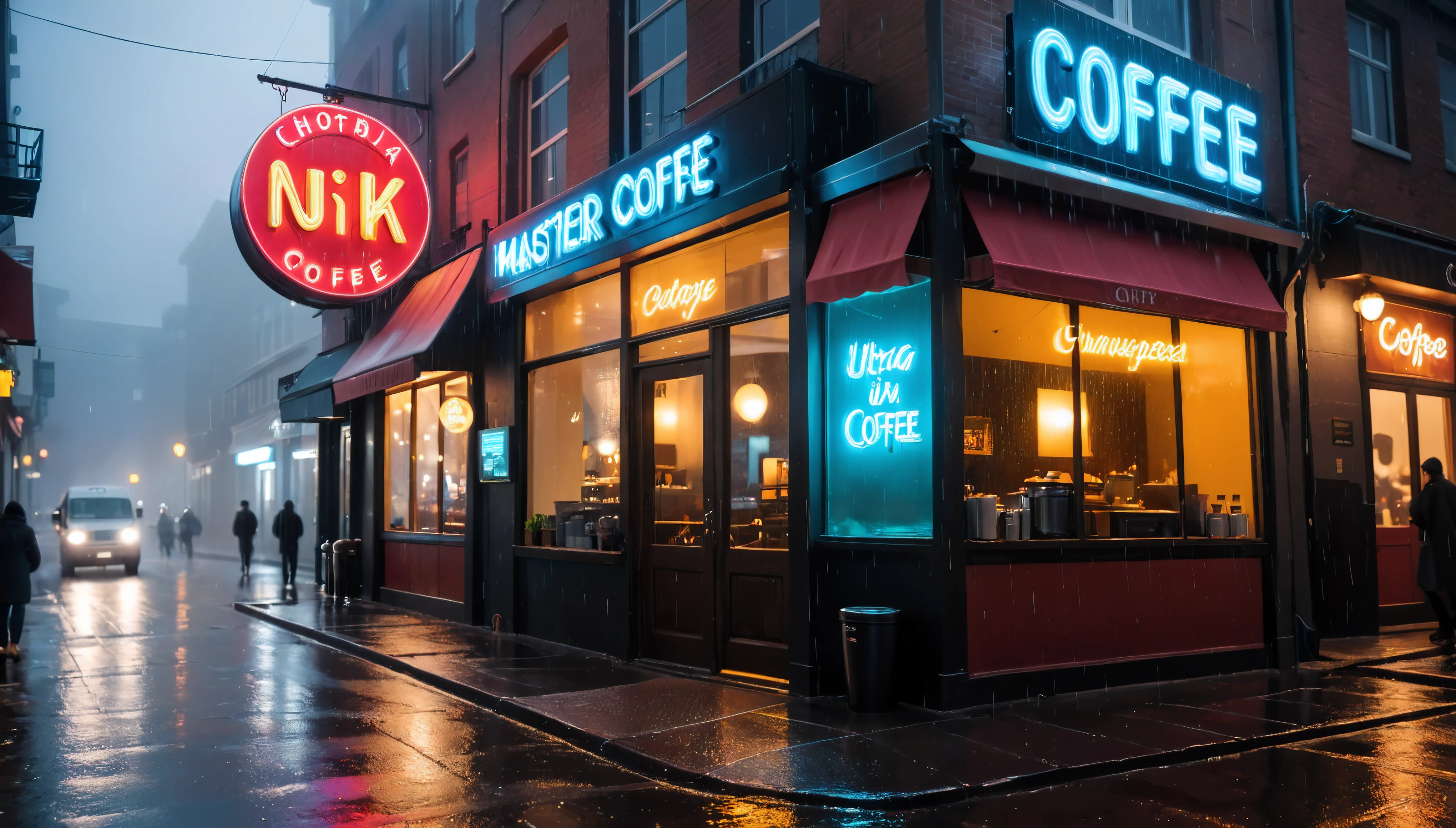 (Cinematic photo of a Fancy Coffee Shop in busy city street), ((Neon sign at coffee shop window):1.3), ((coffee neon sign):1.2), (cinematic lens), ((tyndall effect):1.1), ((heavy rain):1.2), ((water droplets):1.1), ((full beam headlight):1.3), (Street light), (fog), (Coffee van), (Night at City Street), (sense of cold), (shimmer), (visual experience), (Realism), (Realistic), award-winning graphics, dark shot, film grain, extremely detailed, Digital Art, rtx, Unreal Engine, scene concept anti glare effect, All captured with sharp focus. | ((Masterpiece in maximum 16K resolution):1.6),((soft_color_photograpy:)1.5), ((Ultra-Detailed):1.4),((Movie-like still images and dynamic angles):1.3), ((motion blur):1.1),((Ultra wide angle):1.5),((fisheye lens photo):1.1). | Rendered in ultra-high definition with UHD and retina quality, this masterpiece ensures anatomical correctness and textured skin with super detail. With a focus on high quality and accuracy, this award-winning portrayal captures every nuance in stunning 16k resolution, immersing viewers in its lifelike depiction. Avoid extreme angles or exaggerated expressions to maintain realism. | ((perfect_composition, perfect_design, perfect_layout, perfect_detail, ultra_detailed)), ((enhance_all, fix_everything)), More Detail, Enhance.