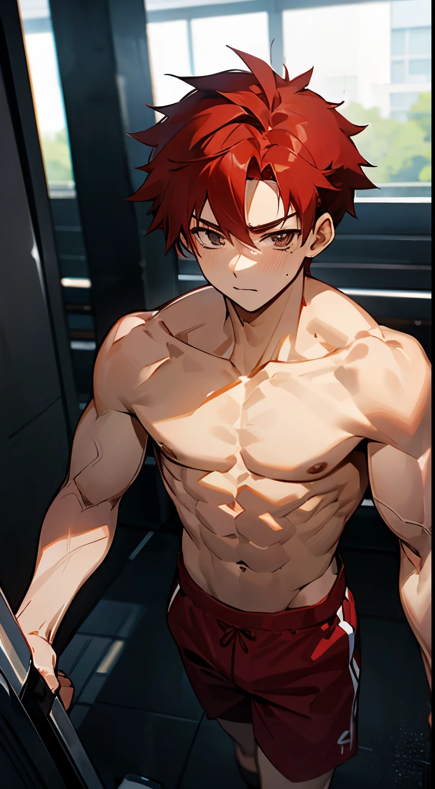 An anime shirtless guy of about 22 years old with red hair at gym.