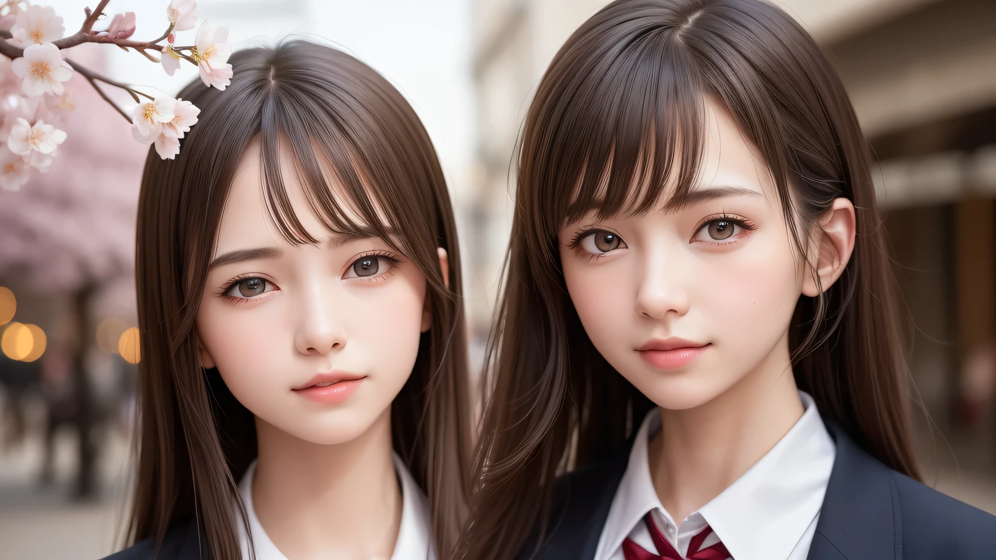 (ung girl), 15 years, brown eyes, (very detailed美しい顔), (high school uniform:1.2), (highest quality), (very detailed CG 統合 8k 壁紙), very detailed, High resolution raw color photos, professional photography, realistic portrait, evening, very high resolution, smile, cherry blossoms,