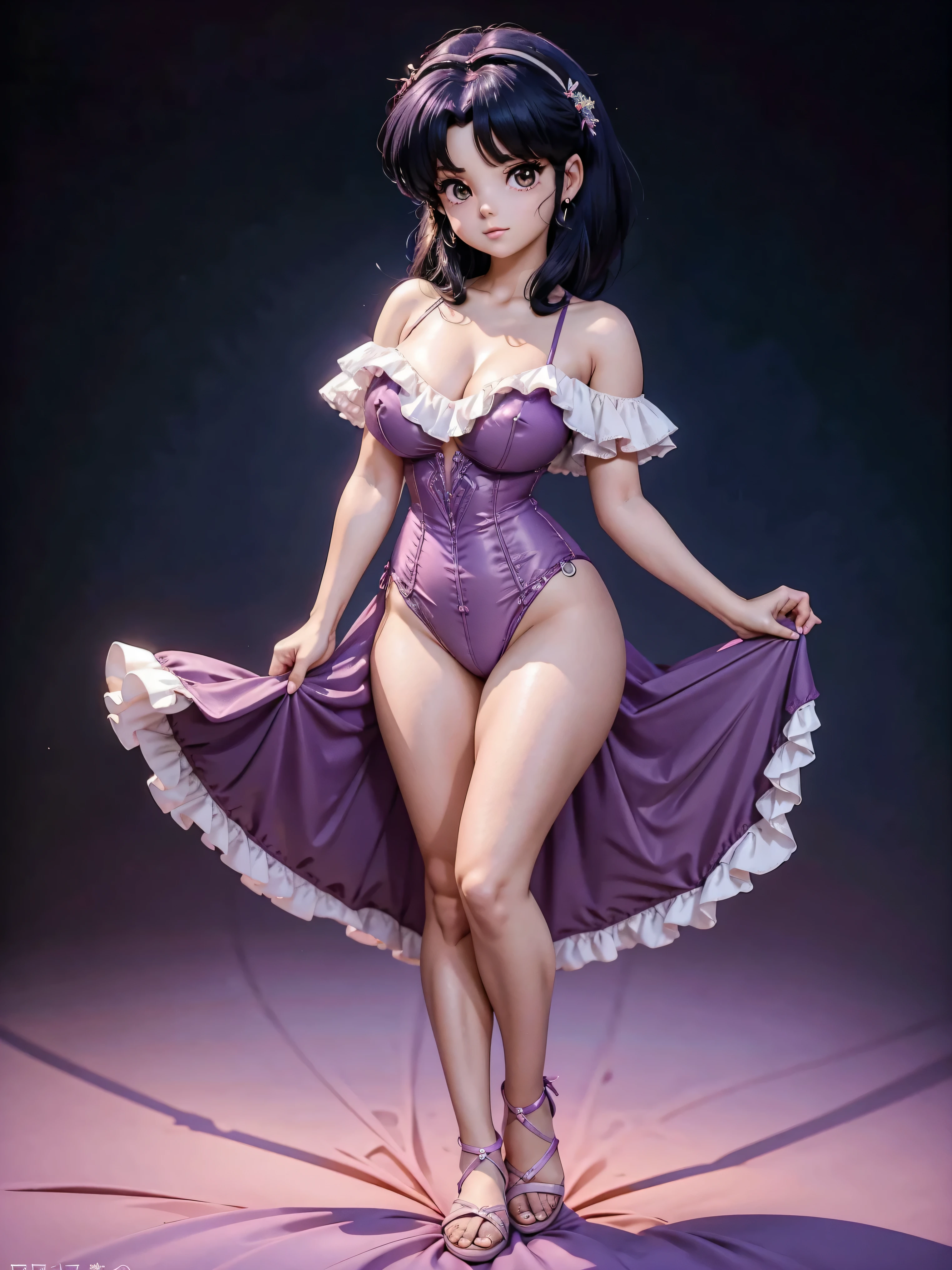 Garota anime de cabelo escuro com saia vestido longo purple meio transparente e espartilho, , corpo bonito, seios grandes, com hand in panties , hand in hair, Garota sensual, purple cabelo, mechas de cabelo laterais, mechas de cabelo na lateral do rosto, beautiful lighting, sombras suaves, olhos azuis, pernas bonitas, cabelo curto, estilo anime, personagem Akane Tendo, Autora Rumiko Takahashi, Baseado em obra de Rumiko Takahashi, Anime Ranma 1/ 2, decote sensual, quadril robusto, corpo inteiro, corpo inteiro, busto grande, garota jovem com corpo belo e bonito, sandals on his feet, garota 16 anos usando saia e corset pink e purple meio transparente, garota anime, estilo anime, beautiful feet in sandals, 45° viewing angle, ao ar livre, peito grande, seios bonitos, cabelo preto, sandals on the feet, pernas bonitas, sensual, belas pernas, Sandalias, seios grandes, corpo completo, corpo inteiro, feet with sandals, anime realista, saia, sarja roxa, personagem realista sensual, postura ereta, ao ar livre, calcinha pink, hand in panties, saia vestido com 50% de opacidade meio translucida