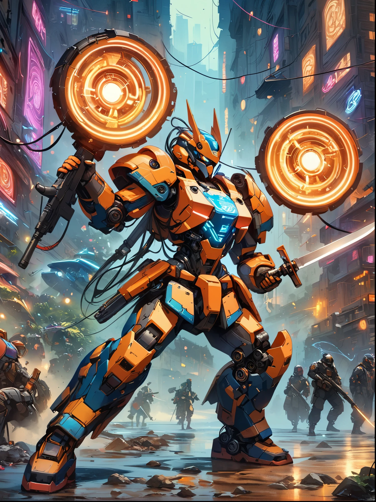 best picture quality,8k,high resolution,masterpiece,Super detailed,Realistic,ultra high definition,studio lighting,Super fine,Physical rendering,Extremely detailed description,major,Bright colors,female warrior,future,battlefield,steel体,Detailed mechanical parts,cable,gear,complex,atmosphere,Art Station Trend,Abnormal Art Trends,mechanized body,Hold the gun in your left hand,Hold the knife in your right hand,(gun focus),Aim at the target,complex的细节,Neon light rays surround,Complex and detailed machinery,Meticulous facets,steel,chrome,polished metal,cable,piston,Servo motors,off-white,weathered,dieselpunk,oil slick,electric,fantasy