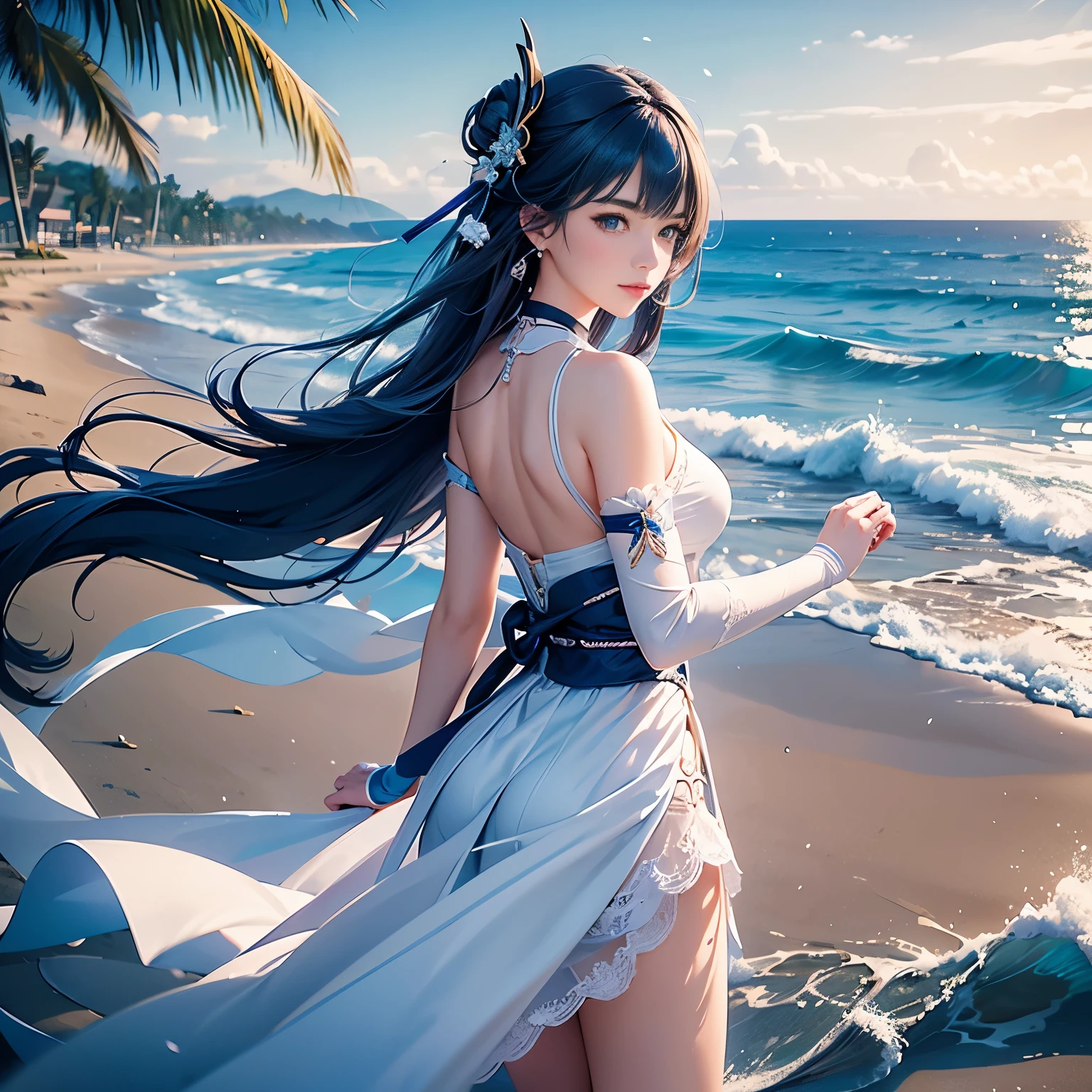 ((Raiden Shogun in Genshin Impact)),((semi long beautiful dark blue hair,beautiful blue eyes)),
Vulgar,(nsfw),(skirt lift),(beautiful elegant black mini skirt and white panties),low angle,from below,((masterpiece, highest resolution,best quality)), (illustration), (solo),(beautiful elegant flower printed summer mini dress),(walking around the beach),(looking at the viewer), ((elegant beautiful white string tied panties)),
innocent smile, white over-kneehighs,Lace chalker, wristband, fingerless gloves, over-kneehighs,
Lace chalker, diamond necklace,wristband, fingerless gloves, earrings, very windy,cinematic lighting and pause,, beach, sand, blue sky, waves, coconut tree,