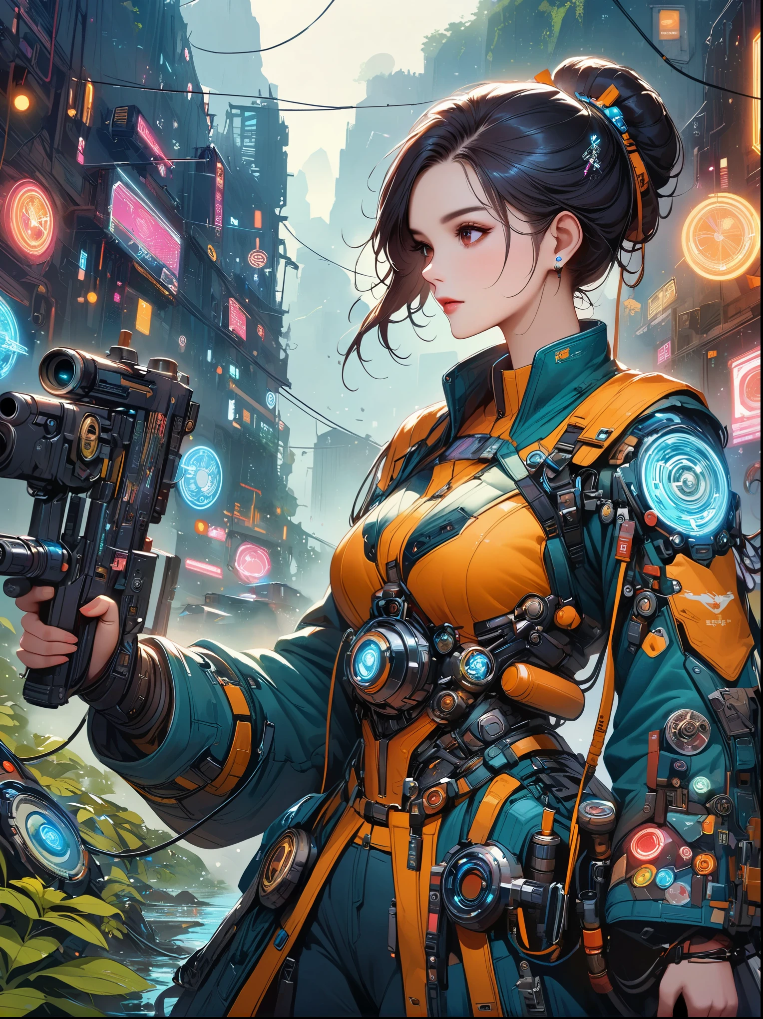 best picture quality，8k，high resolution，masterpiece，Super detailed，Realistic，ultra high definition，studio lighting，Super fine，Physical rendering，Extremely detailed description，major，Bright colors，female warrior，future，battlefield，steel体，Detailed mechanical parts，cable，gear，complex，atmosphere，Art Station Trend，Abnormal Art Trends，mechanized body，Hold a gun in both hands，(gun focus)，Aim at the target，intricate details，Neon light rays surround，Complex and detailed machinery，Meticulous facets，steel，chrome，polished metal，cable，piston，Servo motors，off-white，weathered，cyberpunk，oil slick，electric，fantasy