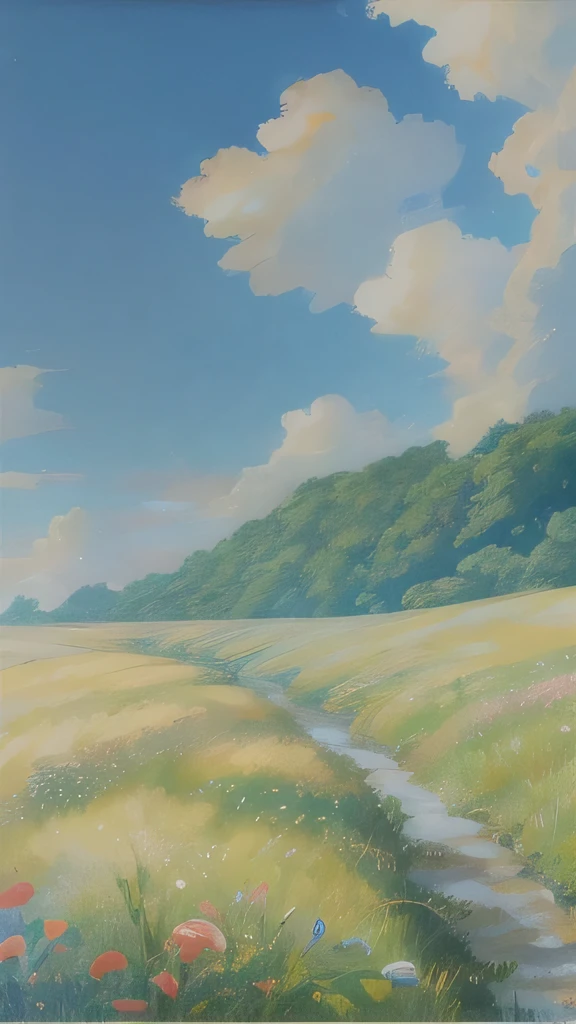 actual, for real, Beautiful and stunning landscape oil paintings Studio Ghibli Hayao Miyazaki'S petal grassland with blue sky and white clouds--v6
