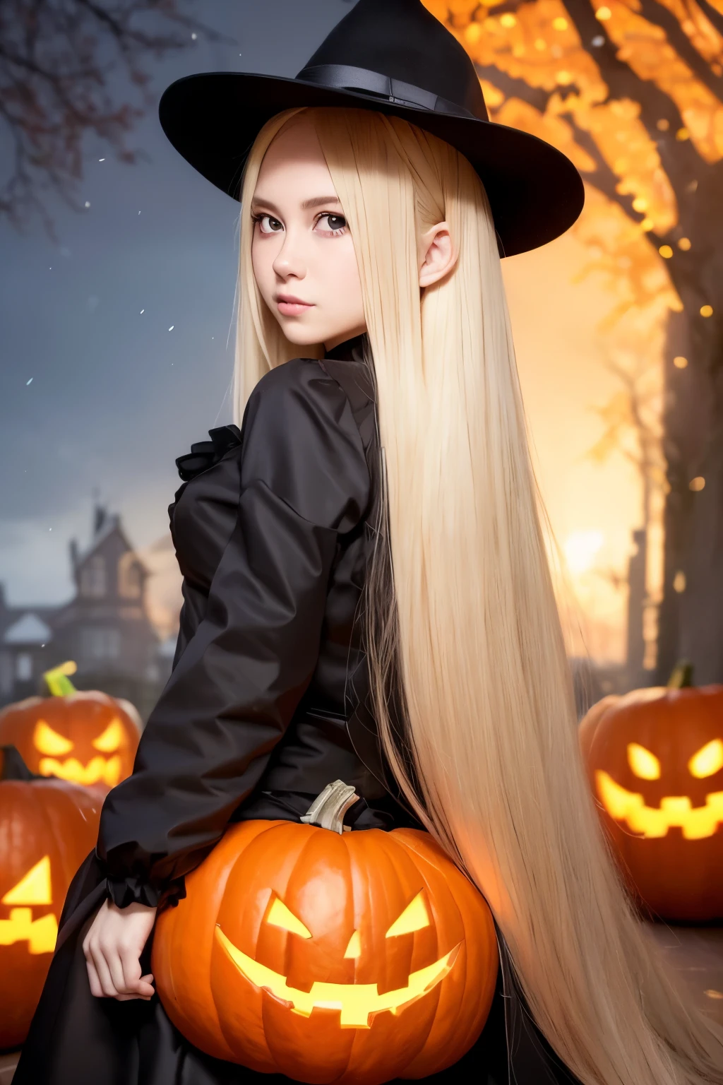 (Oil Painting, masutepiece, Best Quality, ultra-detailliert, Focus on character), long blonde hair, ([Back:0.8]|[ facing back:1.1]), Serious face,open open mouth,Halloween Cosplay、Halloween,pumpkins, ([Cold Scenario:1.2]|[ snowy background:1.3]| [High contrast:1.1])
