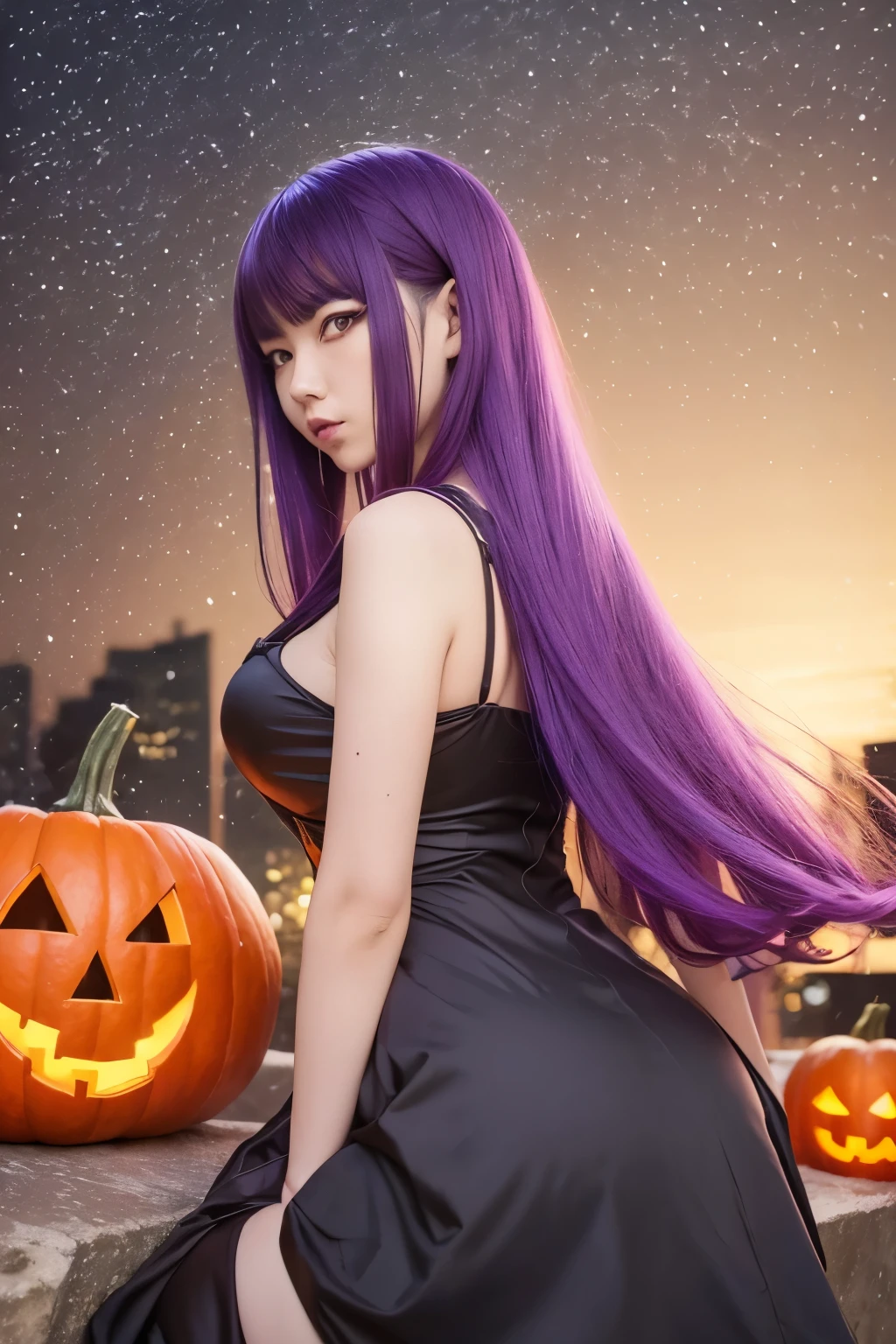 (nsfw), ultra realistic girl who controls poison, halloween, goth, gyaru, lip-gloss, gothic makeup, purple flowing hair, sparkling poisoned flower costume、、、、secrete poison, skull hair accessoires, sweet and sexy, seductive pose, shy, smile, flowers background