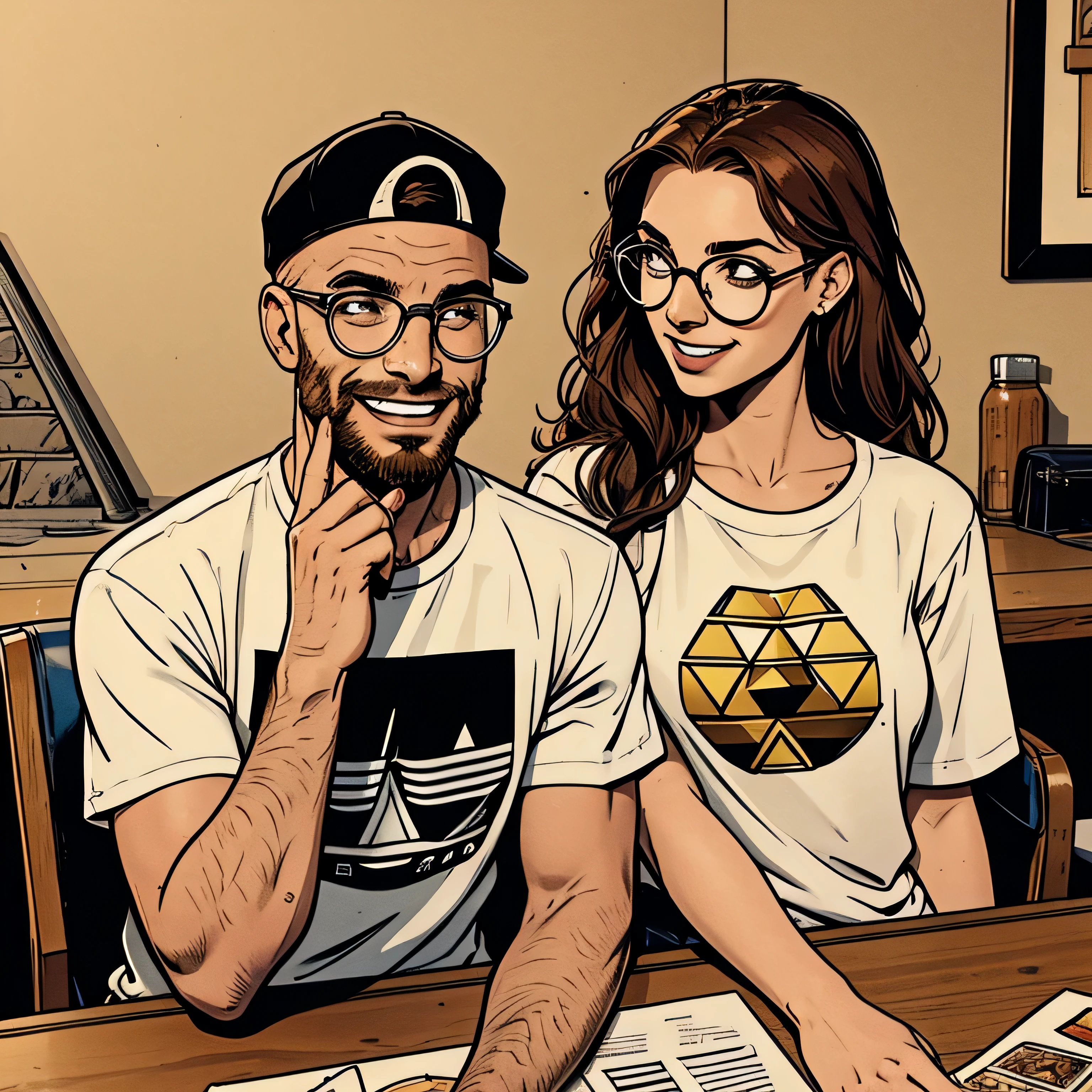 scene: A couple is sitting at the table, They&#39;re eating. Bald man in a cap, T-shirt with the image of a pyramid with an eye inside and round glasses with a beard smiling and looking at a woman. A woman with brown hair in a T-shirt with a print sits next to a man and covers her mouth with laughter... scene наполнена радостью и чудесной атмосферой..