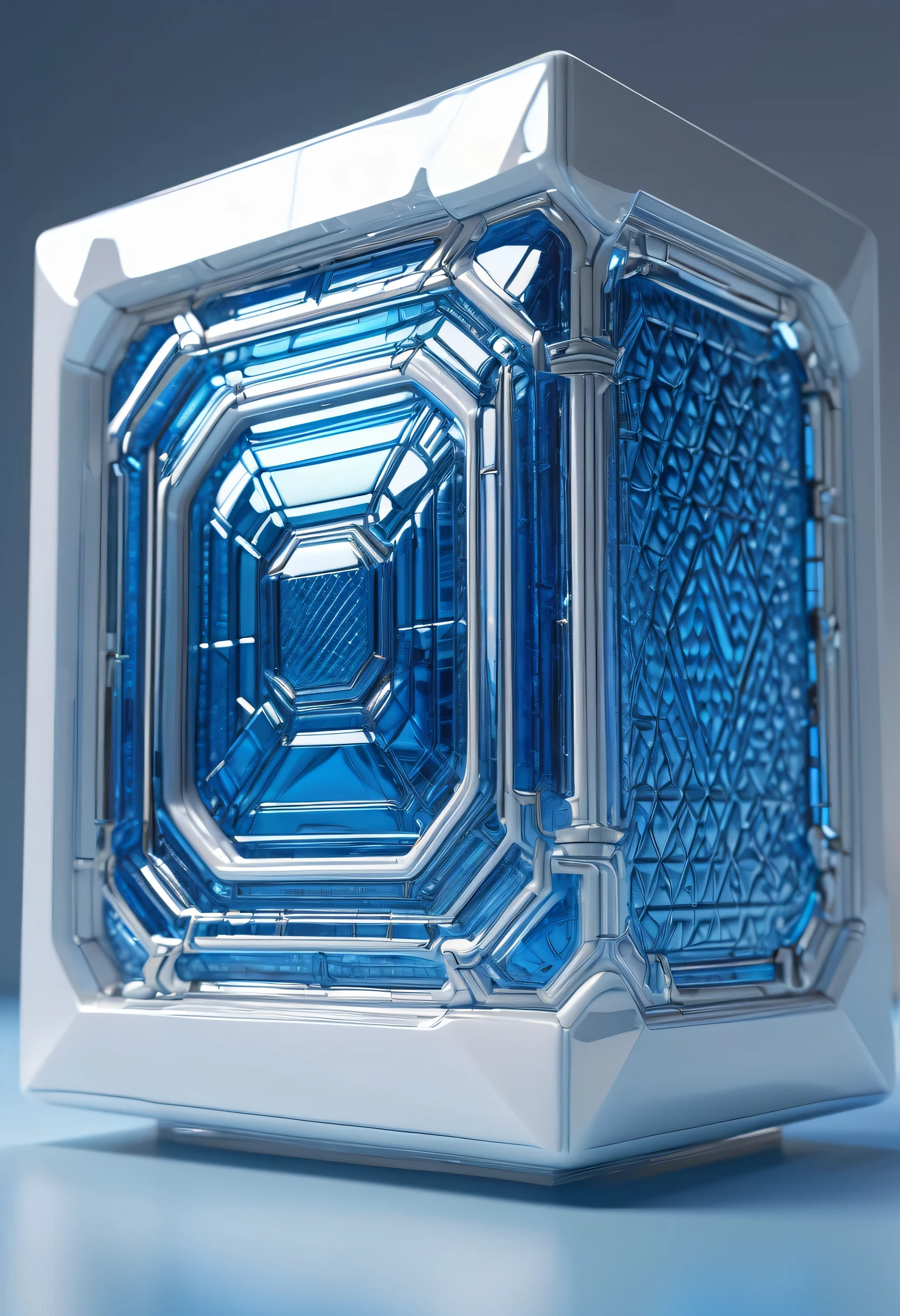 (quilted paper art), The art of math, cyberpunk,(White ceramic housing), blue transparent glass, 3D rendering, Ray tracing,Reasonable structure, The internal structure is complex,(clear lines, high definition,best quality, masterpiece, 4K ),Mechanical dystopia