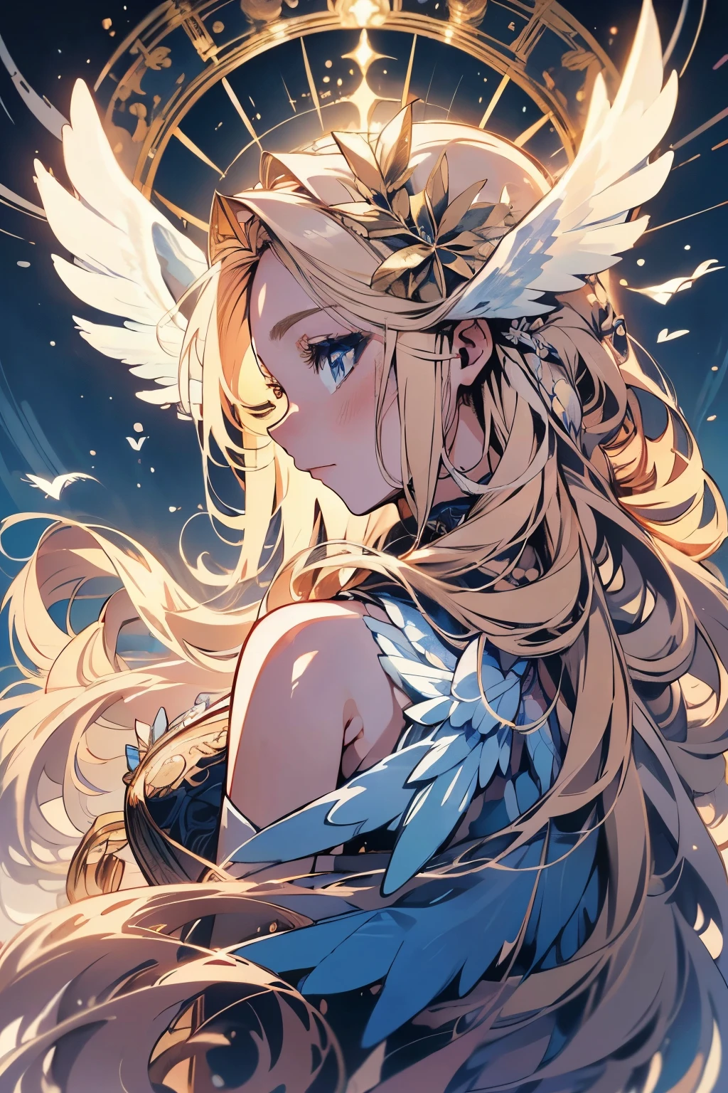 4K quality:1.2,Super beautiful illustration:1.2,Seraph,((6 white wings on the back。)),blonde,long hairstyles,((Beautiful cobalt blue eyes:1.2)),null
