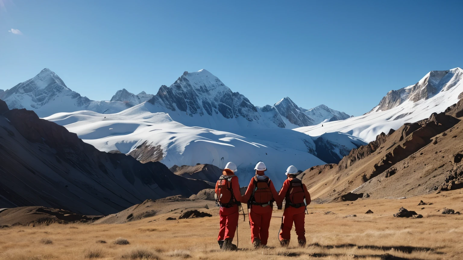 Draw a picture of mountain geophysical exploration,Oil workers working in the field,Wearing red overalls and hat