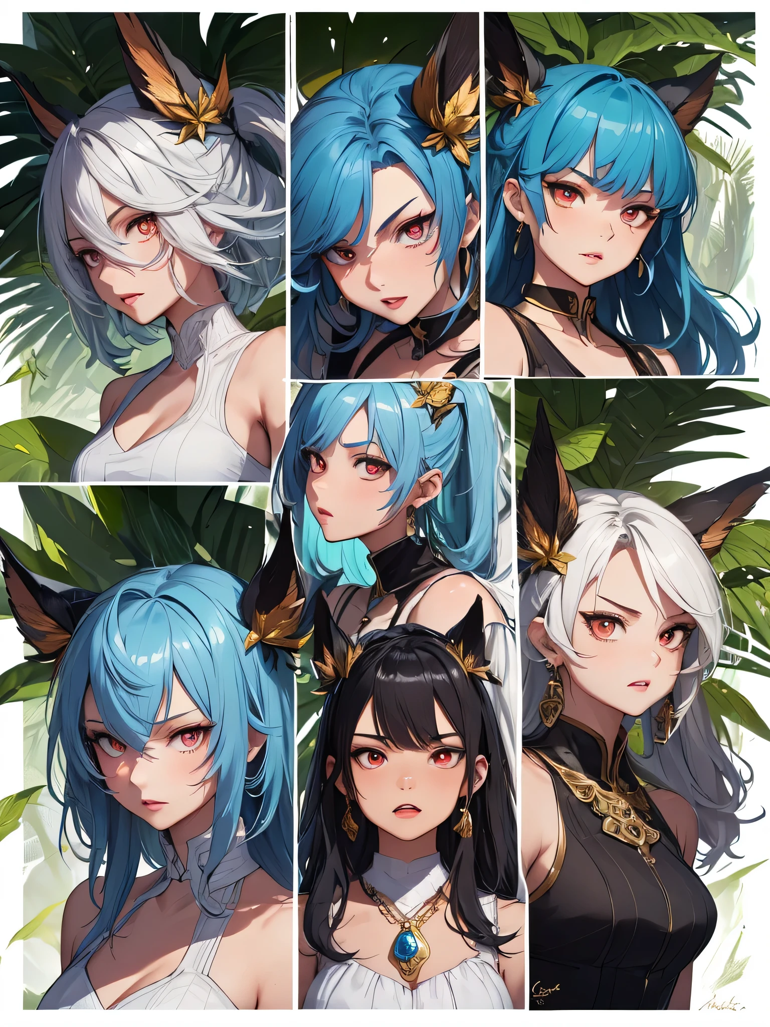 ((master-piece)),(((bestquality))),(Character design sheet, Same character..., Front, side), A Beautiful Girl,blue hair, albio, Red Eyes, long-haired, annoyed, Front leaf only, Separate from each other..., fins, balance, jewelry, sharpt teeth, shouting, sparkling eyes, high-detail, ((4 expressions)), Jungle theme, ((Scab on the front leaves, Glossy lips, Glossy skin, (((There are only four fronts.))), (((Only four references)))
