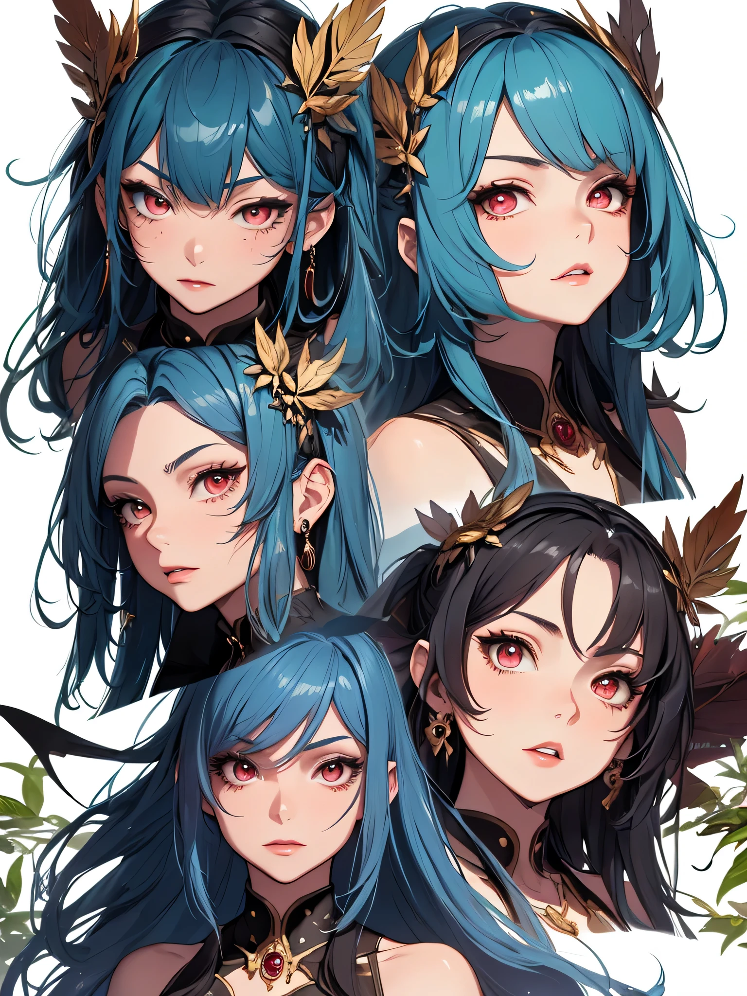 ((master-piece)),(((bestquality))),(Character design sheet, Same character..., Front, side), A Beautiful Girl,blue hair, albio, Red Eyes, long-haired, annoyed, Front leaf only, Separate from each other..., fins, balance, jewelry, sharpt teeth, shouting, sparkling eyes, high-detail, ((4 expressions)), Jungle theme, ((Scab on the front leaves, Glossy lips, Glossy skin, (((There are only four fronts.))), (((Only four references)))