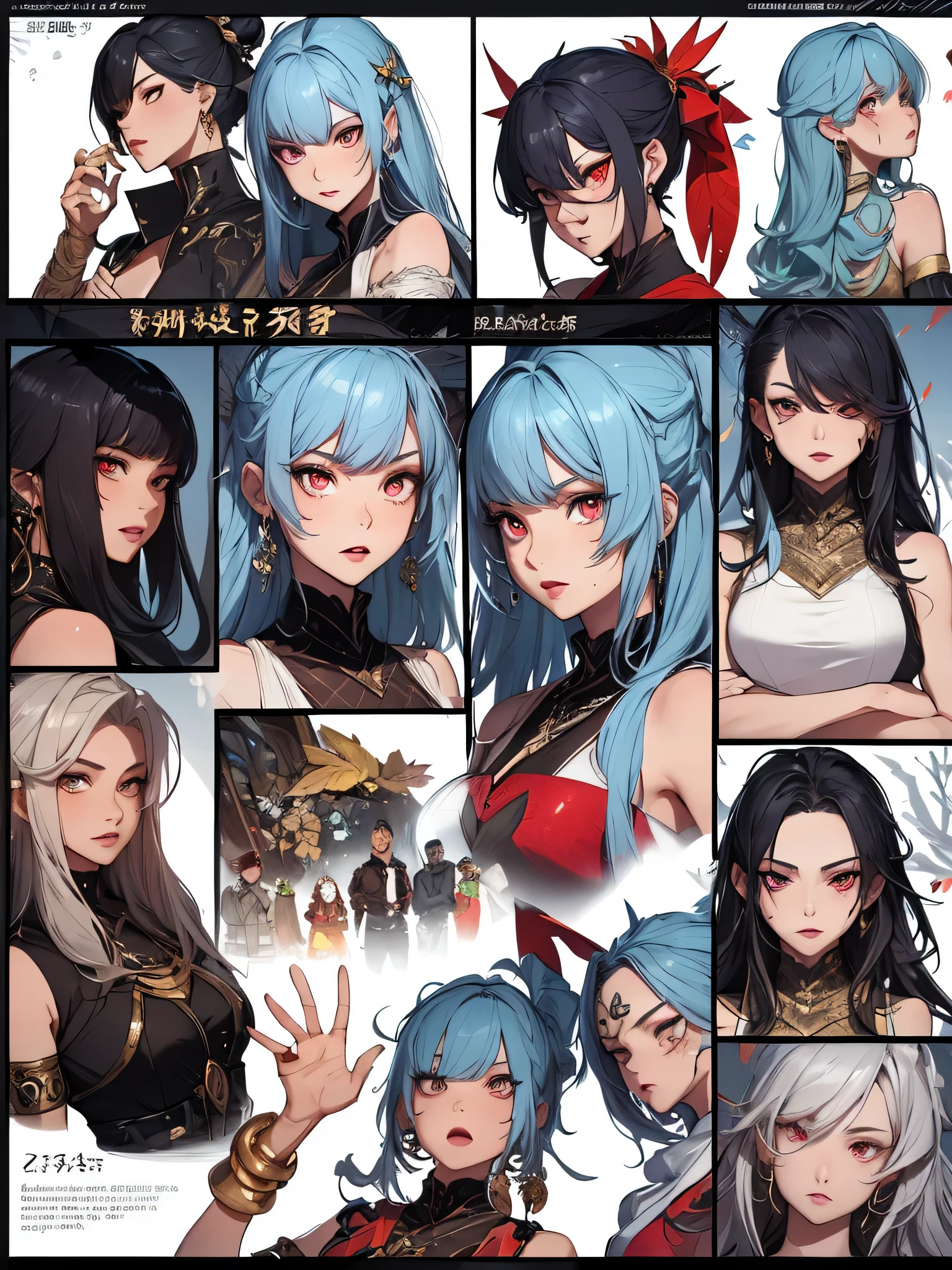 ((master-piece)),(((bestquality))),(Character design sheet, Same character..., Front, side), A Beautiful Girl,blue hair, albio, Red Eyes, long-haired, annoyed, Front leaf only, Separate from each other..., fins, balance, jewelry, sharpt teeth, shouting, sparkling eyes, high-detail, ((4 expressions)), Jungle theme, ((Scab on the front leaves, Glossy lips, Glossy skin, (((There are only four fronts.))), (((Only four references)))
