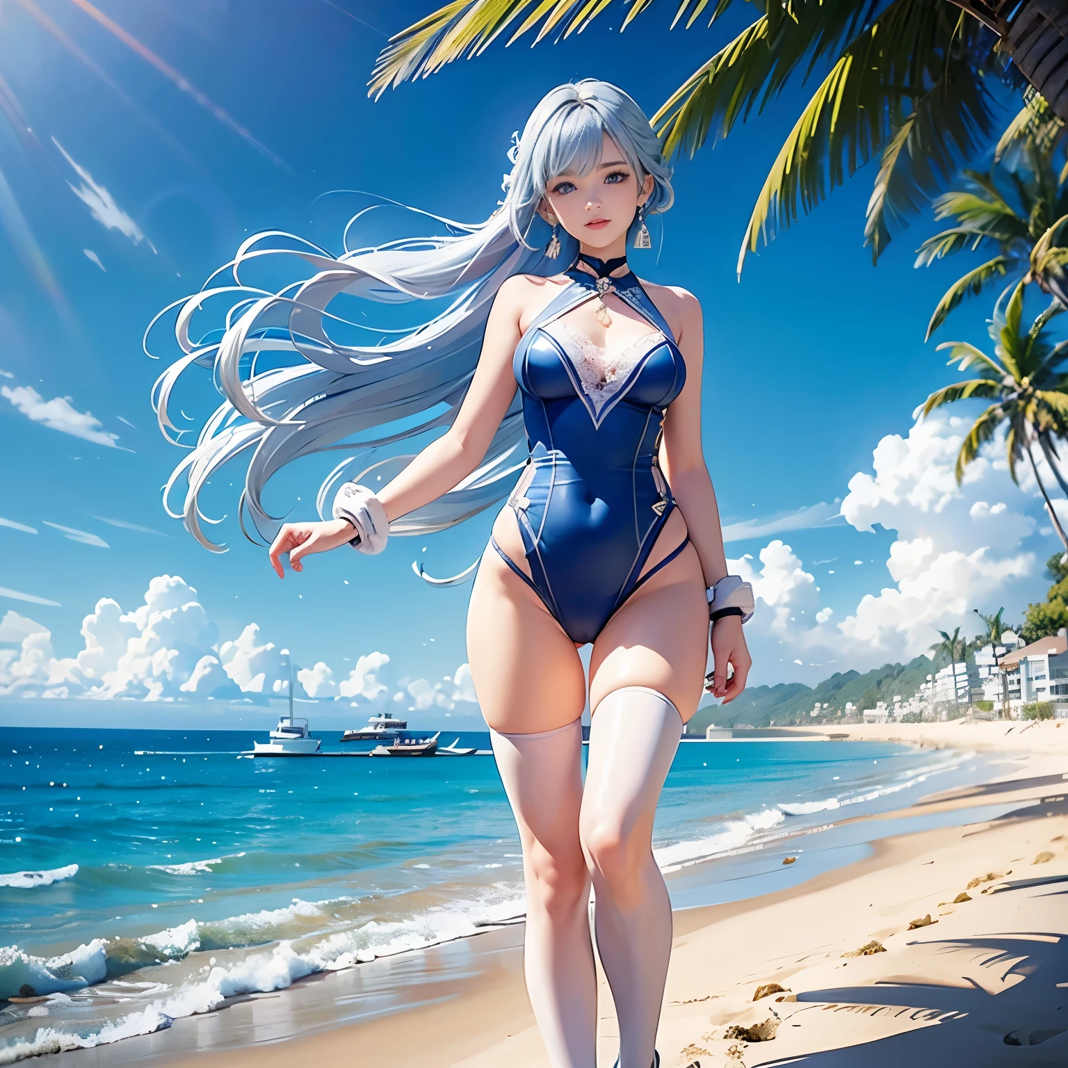 low angle,from below,(1girl),solo,(Kamisato Ayaka in Genshin Impact), ((masterpiece, highest resolution,best quality)), (beautiful illustration),(semi long beautiful silver blue hair),(beautiful blue eyes), (white beautiful elegant one piece swimsuit), (swimming in the sea),
 innocent smile, white over-kneehighs,Lace chalker, wristband, fingerless gloves, over-kneehighs,
Lace chalker, diamond necklace,wristband, fingerless gloves, earrings, windy,cinematic lighting, beach, sand, blue sky, waves, coconut tree,