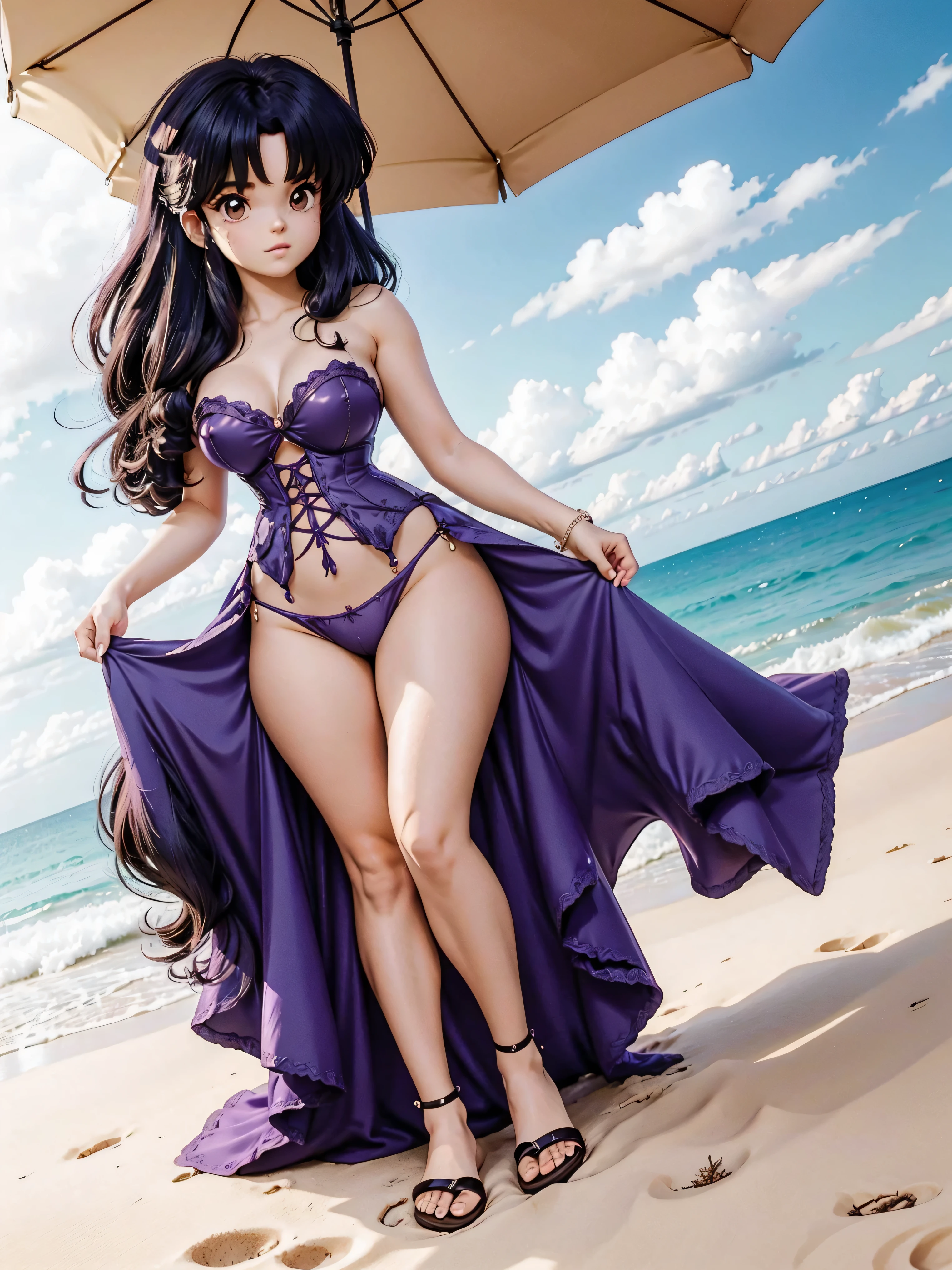 Garota anime de cabelo escuro com saia vestido longo purple meio transparente e espartilho, , corpo bonito, seios grandes, com hand in panties , hand in hair, Garota sensual, blue hair cabelo, mechas de cabelo laterais, mechas de cabelo na lateral do rosto, beautiful lighting, sombras suaves, olhos azuis, pernas bonitas, cabelo curto, estilo anime, personagem Akane Tendo, Autora Rumiko Takahashi, Baseado em obra de Rumiko Takahashi, Anime Ranma 1/ 2, decote sensual, quadril robusto, corpo inteiro, corpo inteiro, busto grande, garota jovem com corpo belo e bonito, sandals on his feet, garota 16 anos usando saia e corset pink e purple meio transparente, garota anime, estilo anime, beautiful feet in sandals, 45° viewing angle, ao ar livre, peito grande, seios bonitos, cabelo preto, sandals on the feet, pernas bonitas, sensual, belas pernas, Sandalias, seios grandes, corpo completo, corpo inteiro, feet with sandals, anime realista, saia, sarja roxa, personagem realista sensual, postura ereta, ao ar livre, calcinha pink, hand in panties, saia vestido com 50% de opacidade meio translucida, ao ar livre, perfect feet with sandals, saia longa vestido