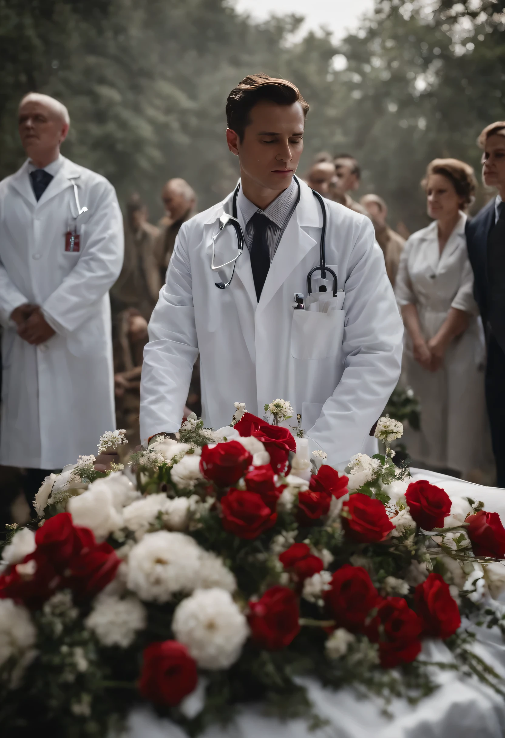 On a coffin in a morgue in a conflict zone, doctor'white coat, Stained with fresh blood from bullet holes, is displayed along with a stethoscope and doctor'bag of, Surrounded by many white flowers.、Death of a nurse on the battlefield、cross、large crowd of mourners、(((Close-up of white coat)))