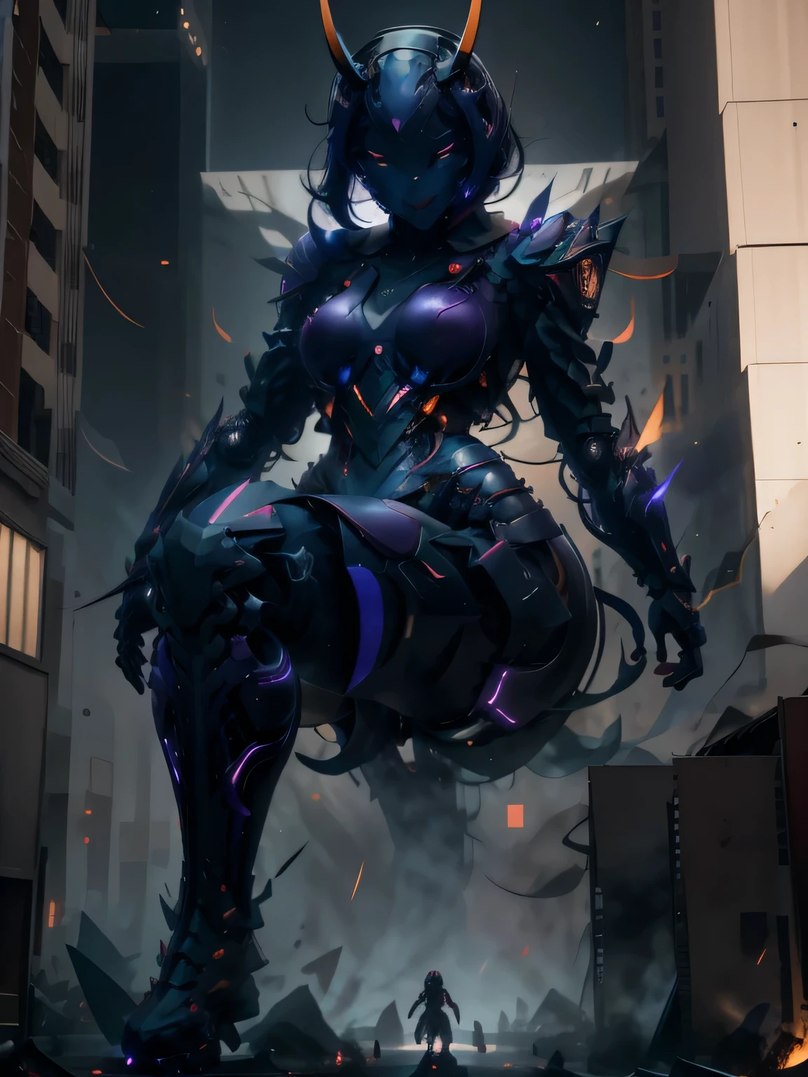 Giantの芸術, surreal , 非常に詳細なGiantのショット, height 50 meters,Giant, beautiful face,purple straight bob,woman climbing skyscraper。Huge 。tight mechanical suit、Press your crotch against the corner of a miniature building in a small city.。horn masturbation。full body description。gigagts, Giant, ,crash city,small town,micro city,build sex,